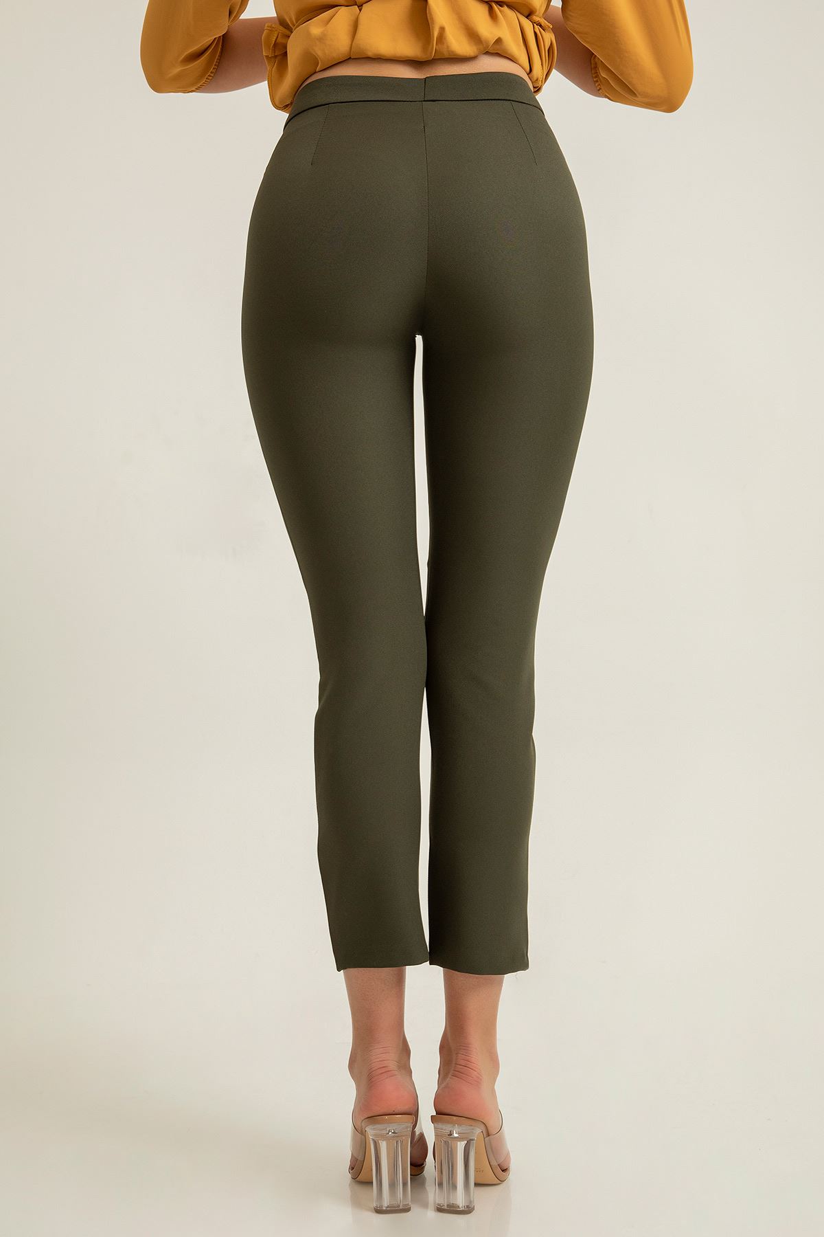 Atlas Fabric Ankle Length Tight Fit Women'S Trouser - Khaki 