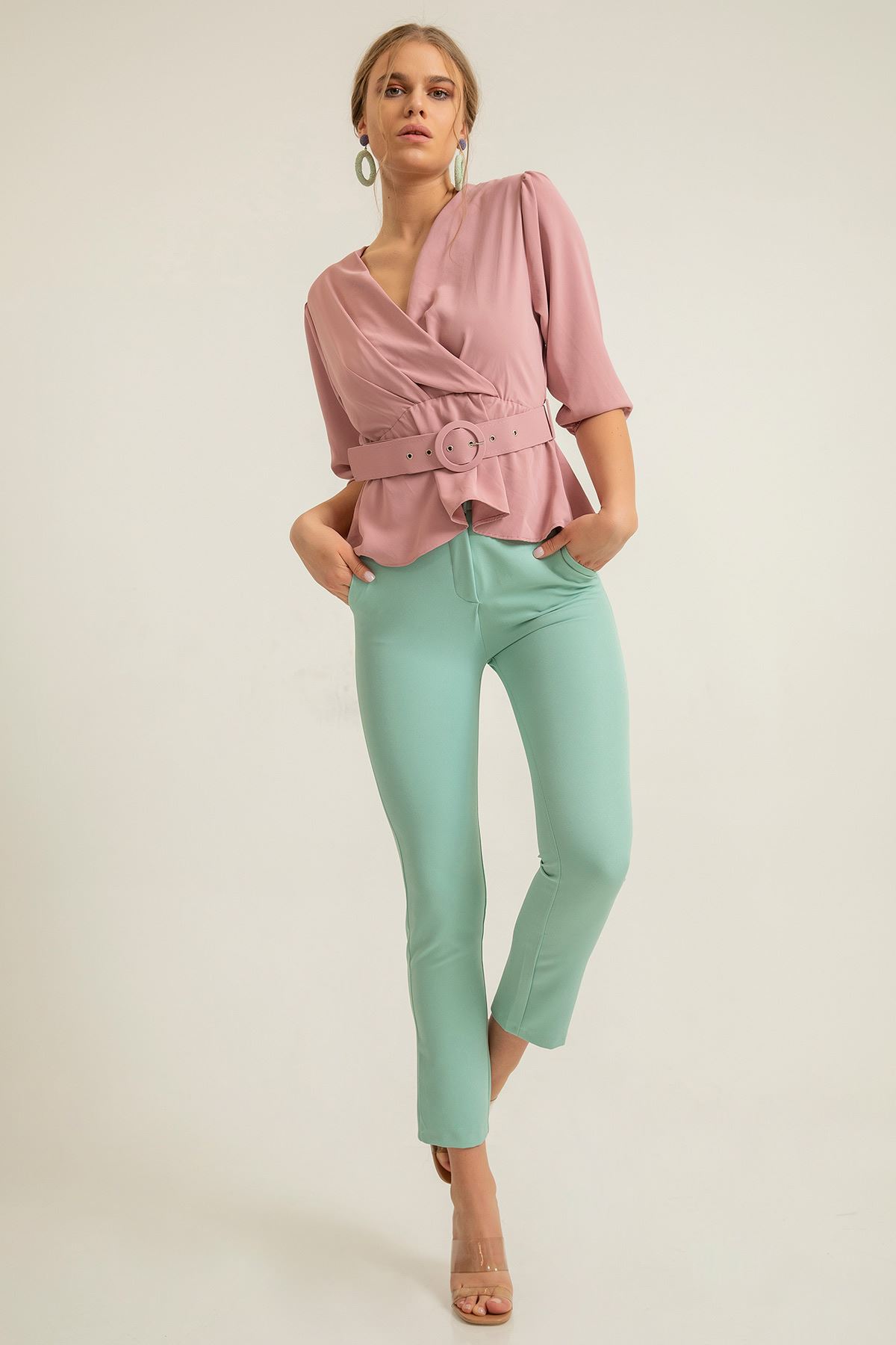 Atlas Fabric Ankle Length Tight Fit Women'S Trouser - Mint