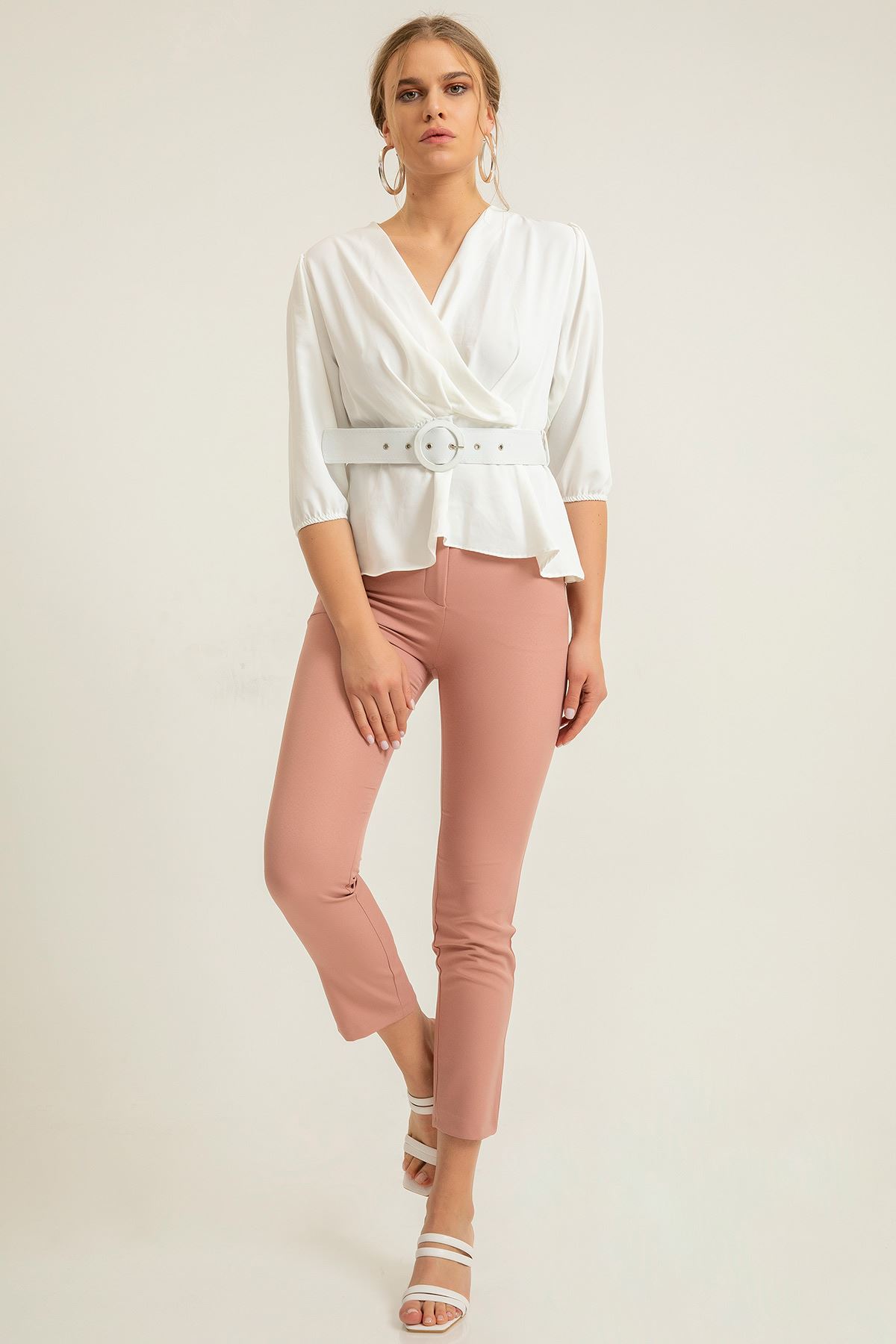 атласный ткань приталенные Женские брюки - Светло розовый