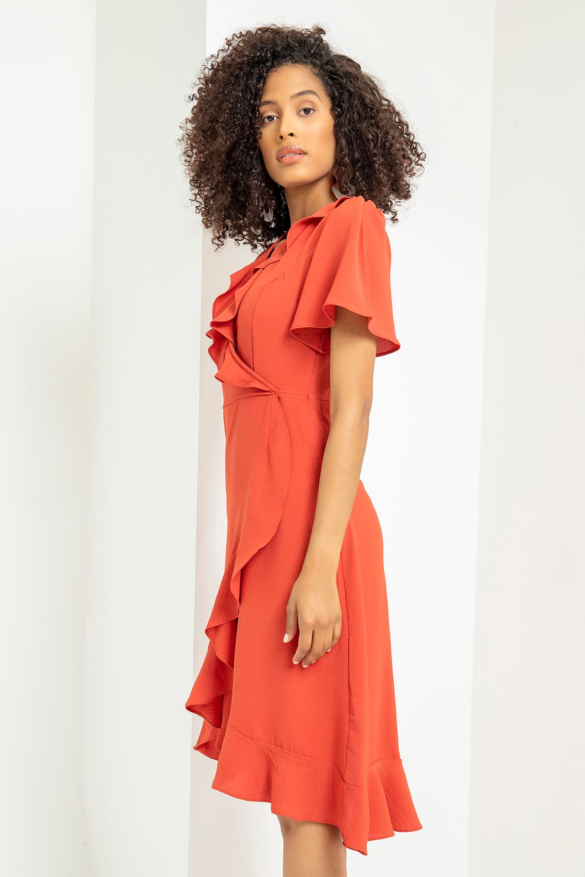 Aerobin Fabric Short Sleeve Ruffled Collar Comfy Fit Women Dress - Brick 