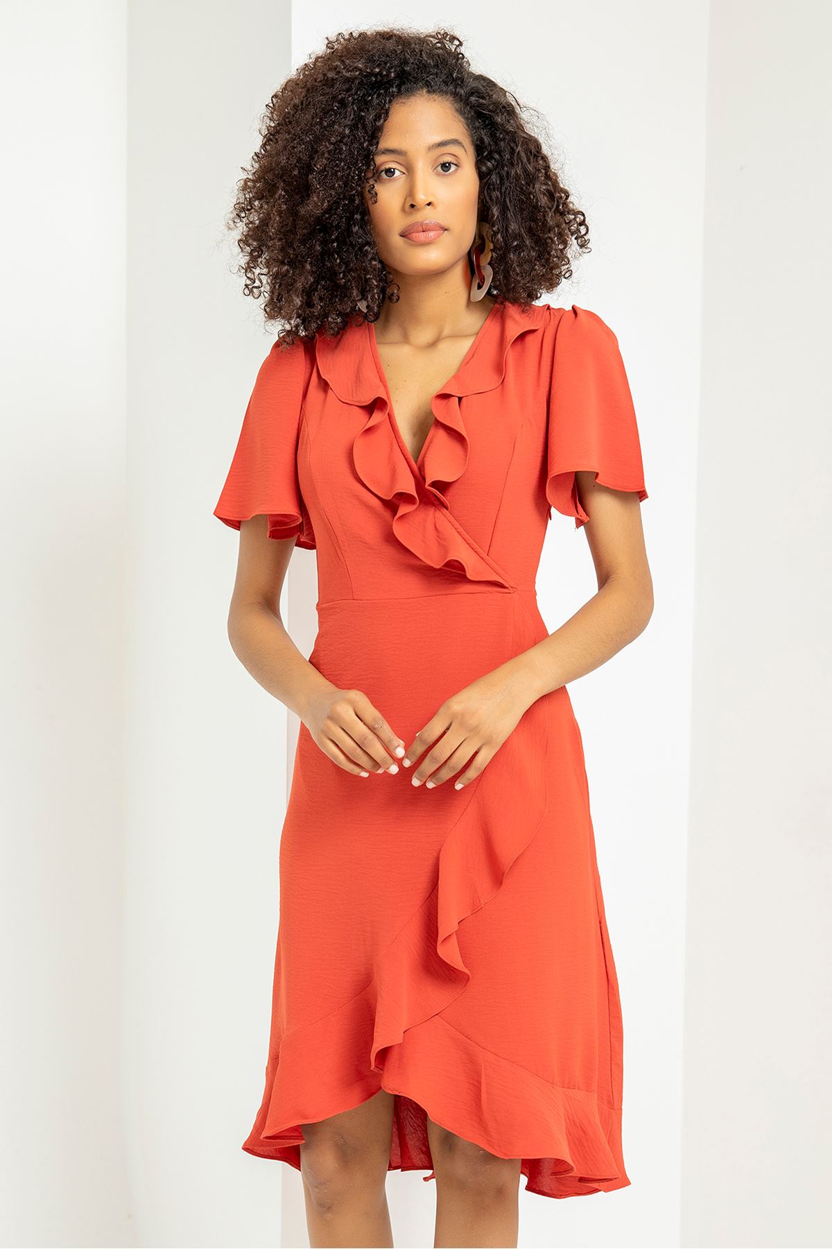 Aerobin Fabric Short Sleeve Ruffled Collar Comfy Fit Women Dress - Brick 