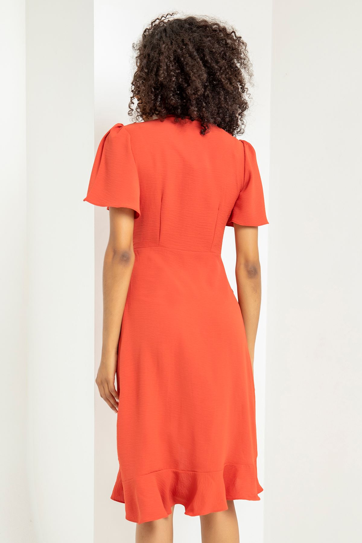 Аэробин Ткань воротник с воланами средний длины женское платье - Оранжевый