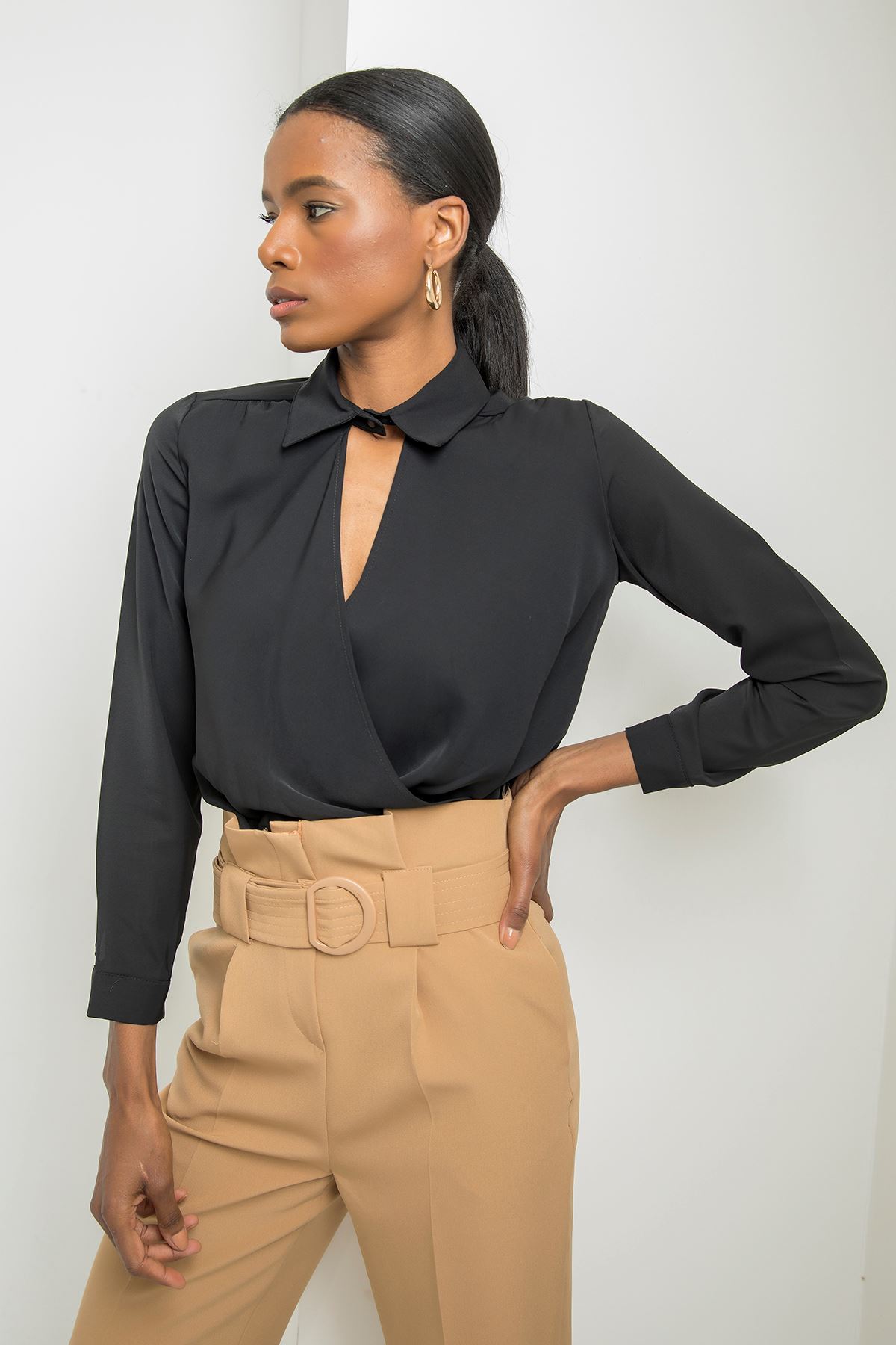 джессика ткань длинный рукав V-образный вырез женская блузка - Чёрный