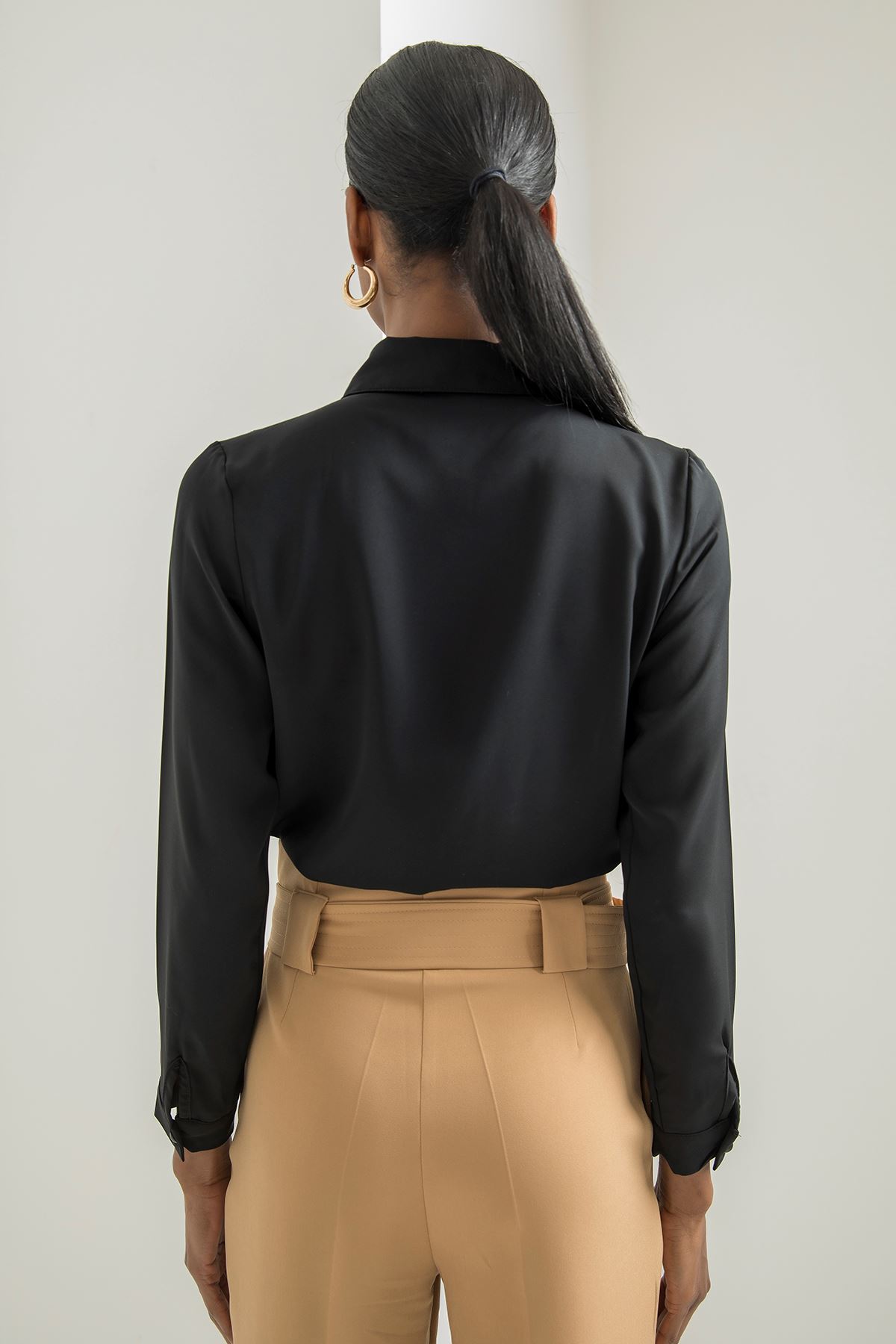 джессика ткань длинный рукав V-образный вырез женская блузка - Чёрный