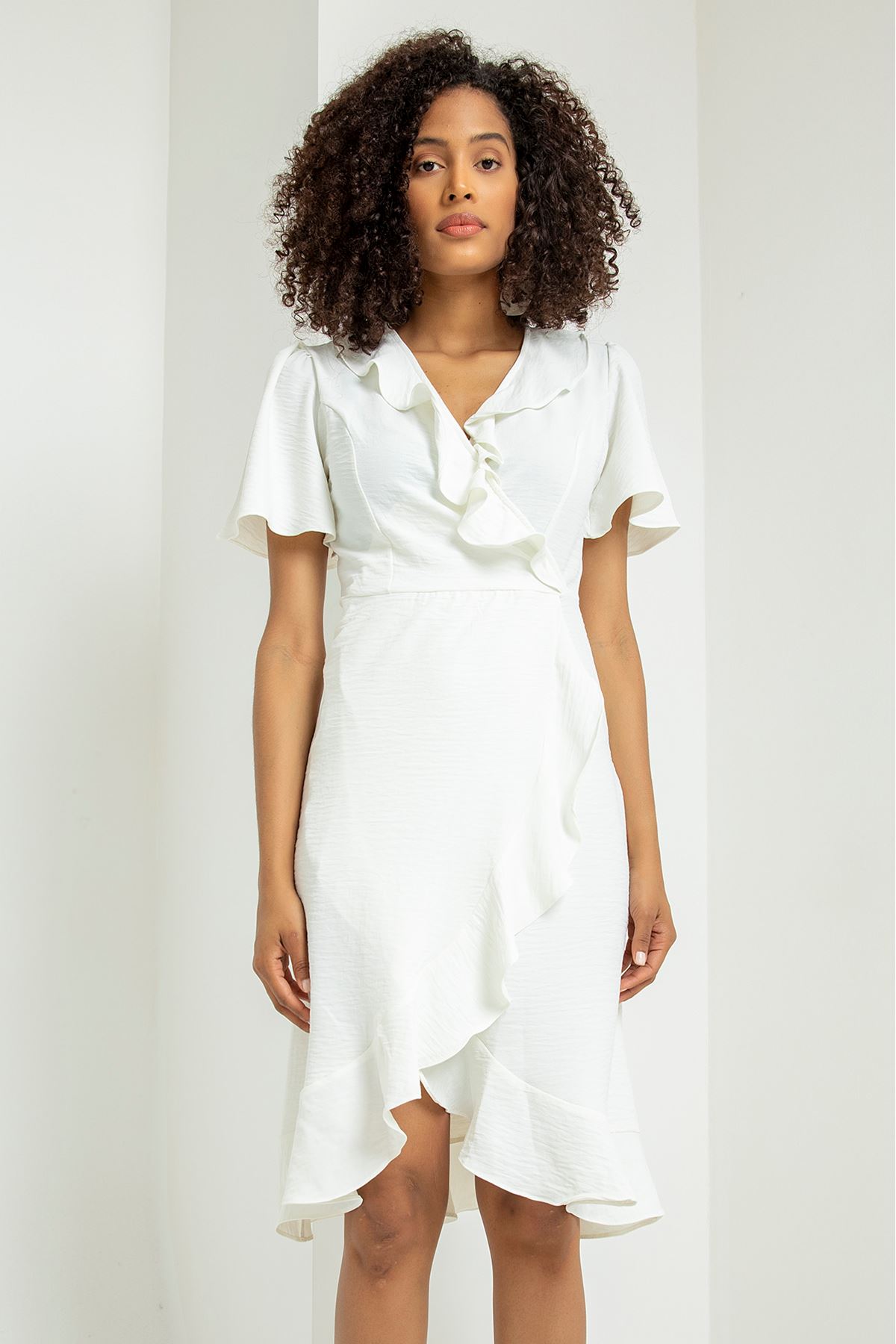 Aerobin Fabric Short Sleeve Ruffled Collar Comfy Fit Women Dress - Ecru