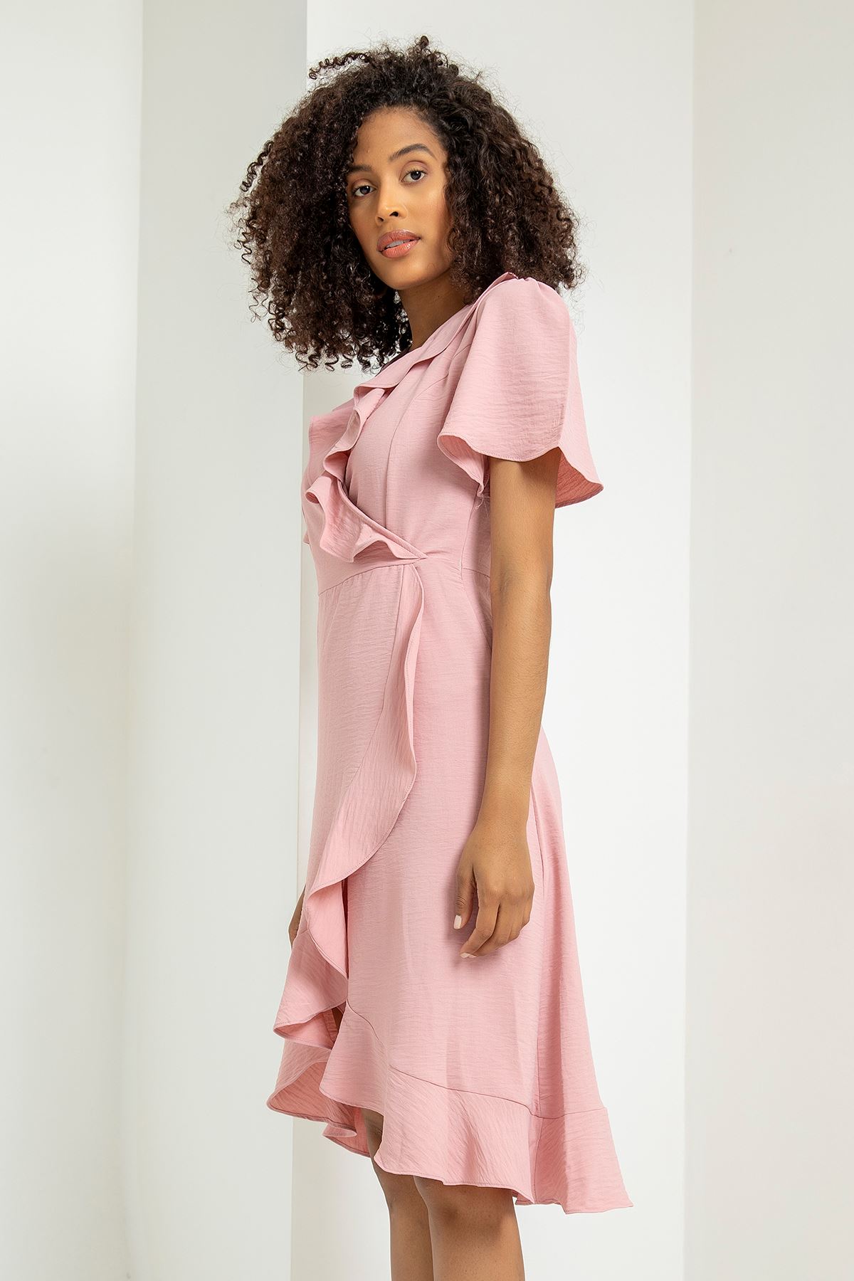 Aerobin Fabric Short Sleeve Ruffled Collar Comfy Fit Women Dress - Rose 