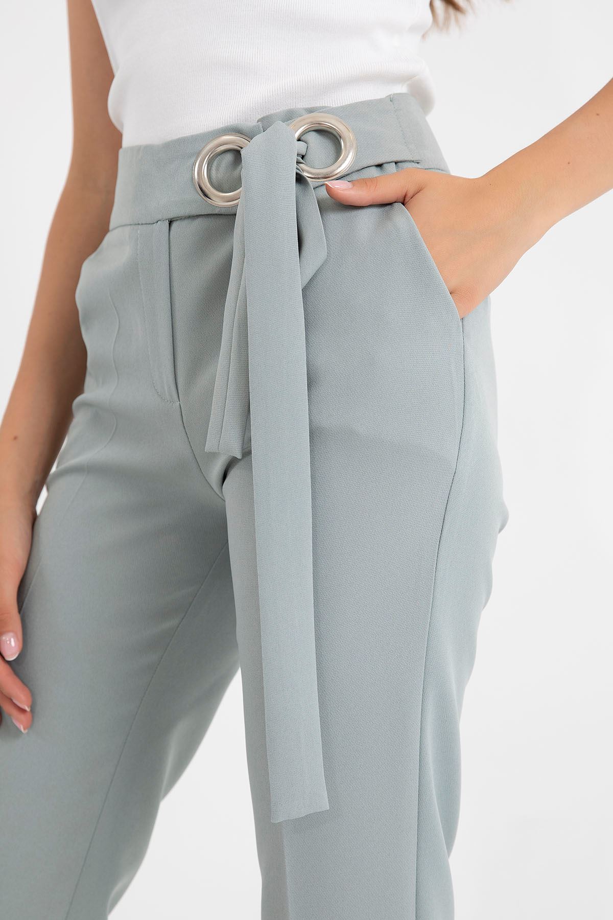 атласный ткань 3/4 длина Женские брюки с люверсами - Ментоловый