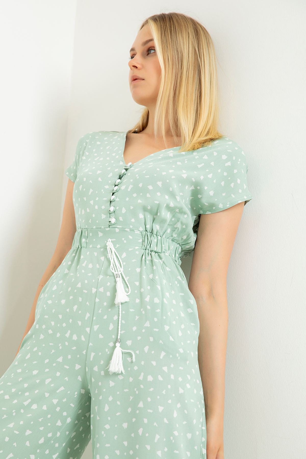 Viscon Fabric Short Sleeve V-Neck Wide Crispy Print Tassel Women Overalls - Mint