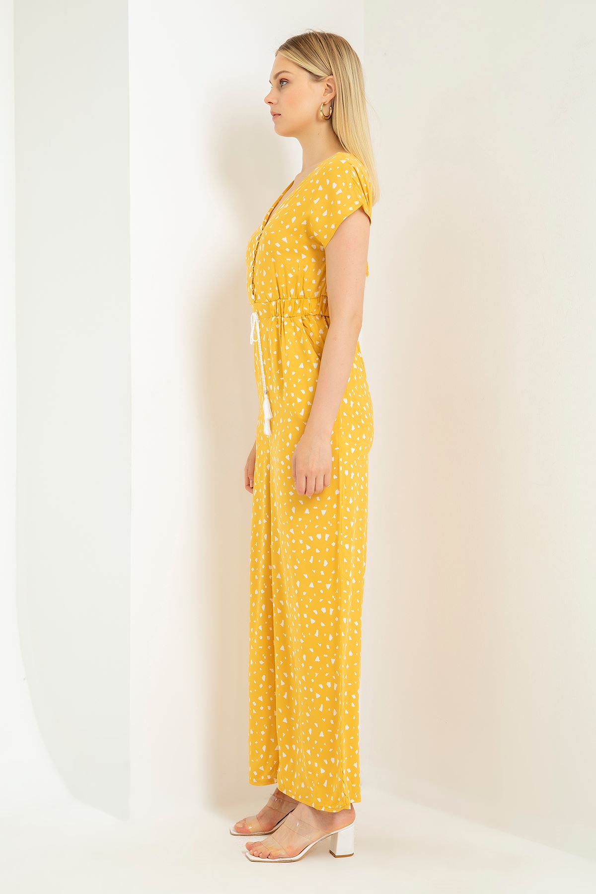 Viscon Fabric Short Sleeve V-Neck Wide Crispy Print Tassel Women Overalls - Mustard