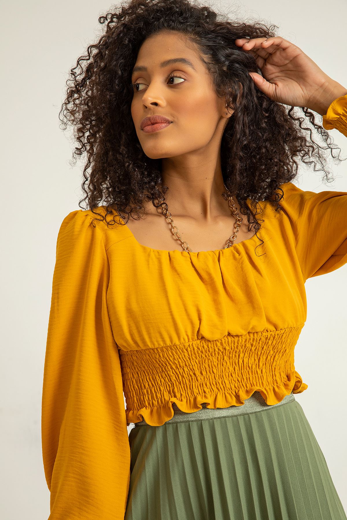 Aerobin Pleated Blouse Long Sleeve Square Neck Blouse - Mustard