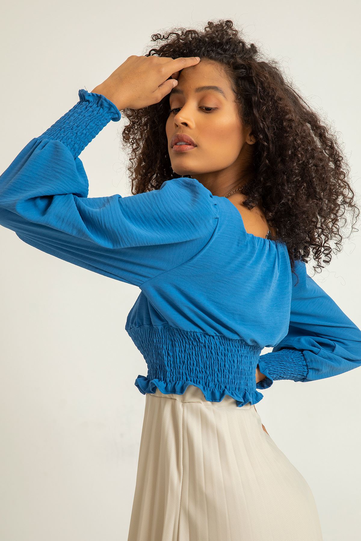 Аэробин Ткань квадратный вырез женская блузка с воланами - Индиго