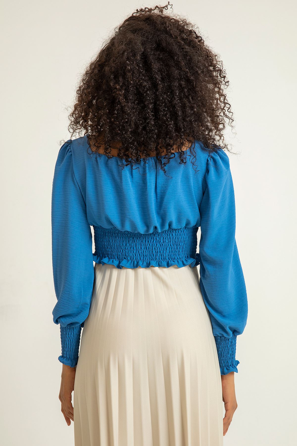 Аэробин Ткань квадратный вырез женская блузка с воланами - Индиго