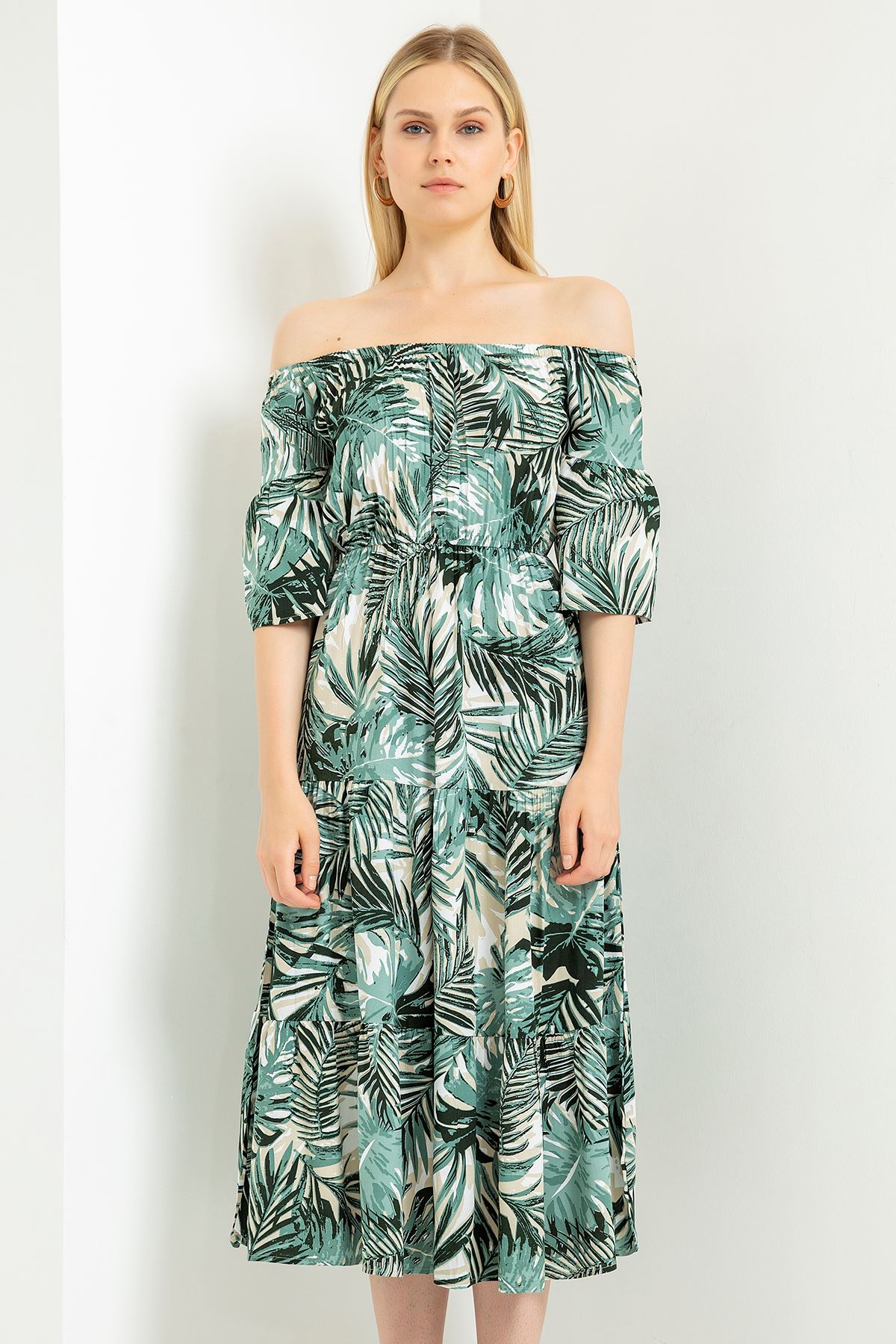 Viscose Fabric Boat Neck Midi Palm Print Women Dress - Khaki 