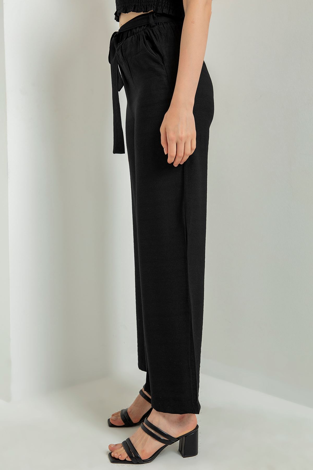 Linen Fabric Long Wide Belted Women'S Trouser - Black