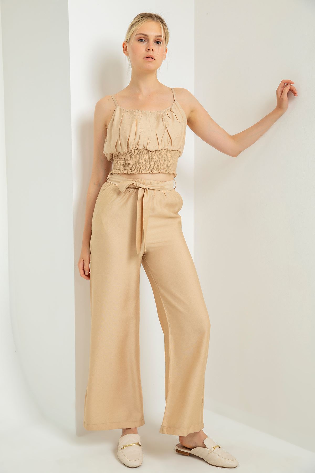 Linen Fabric Long Wide Belted Women'S Trouser - Stone