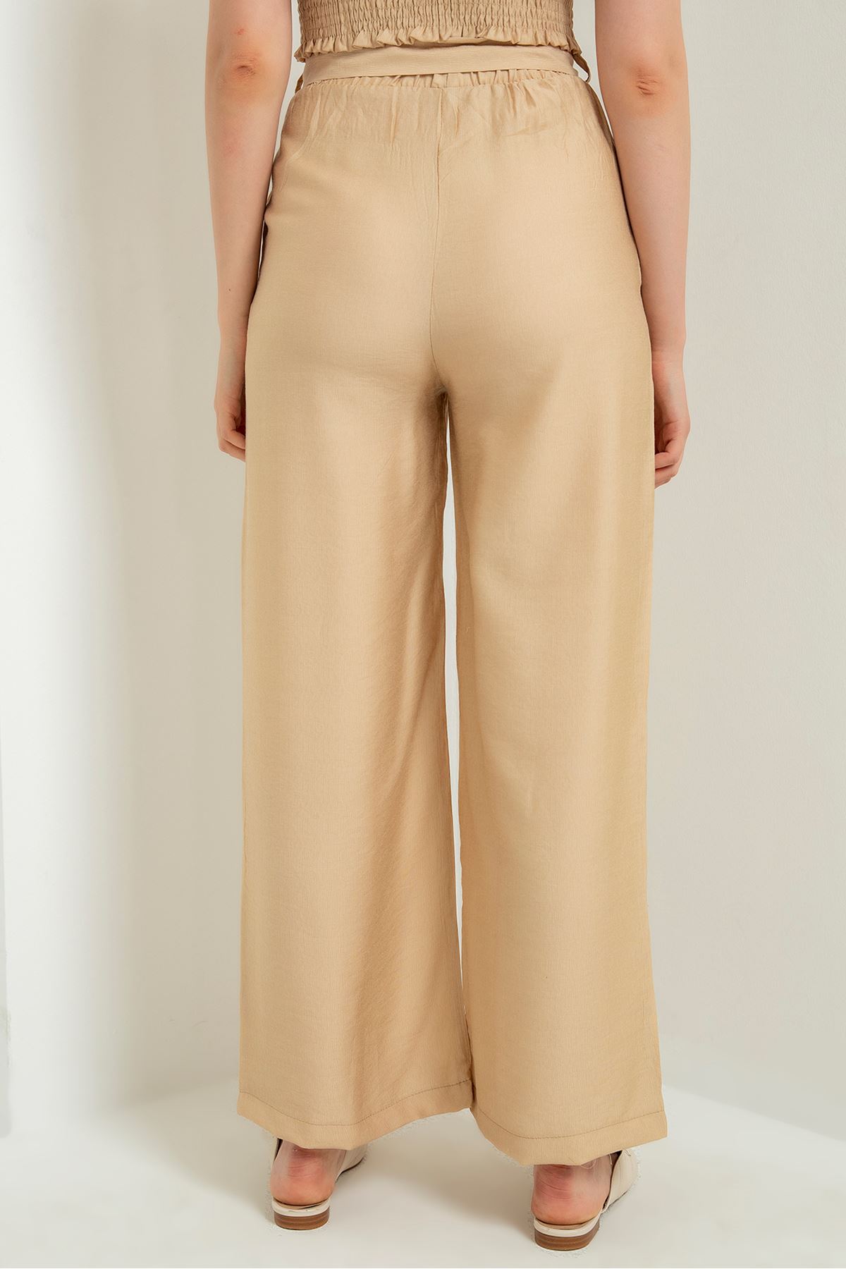 Linen Fabric Long Wide Belted Women'S Trouser - Stone