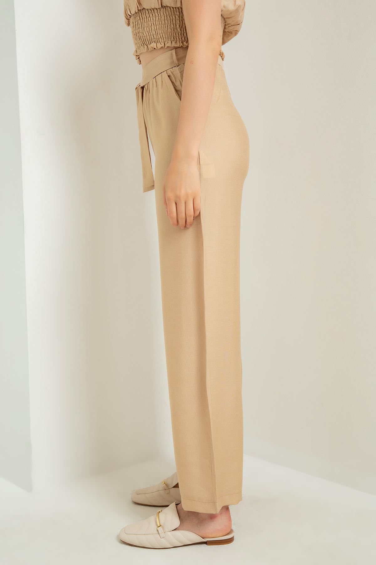 льняный ткань длинные Женские брюки с поясом - каменный