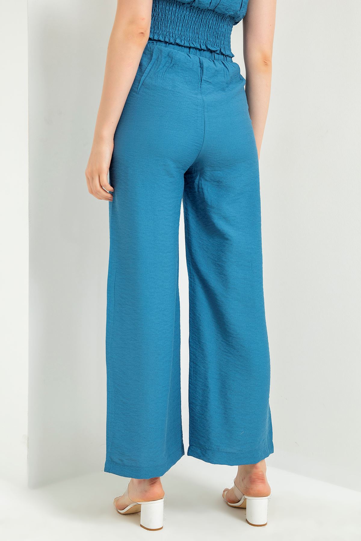 Linen Fabric Long Wide Belted Women'S Trouser - Navy Blue 