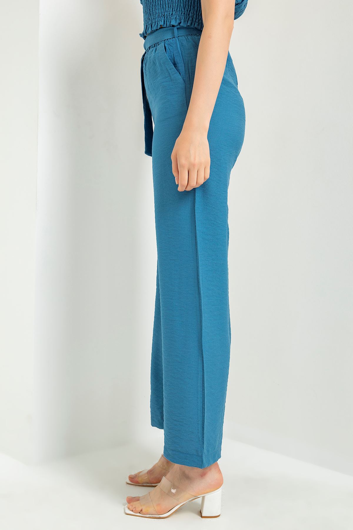 Linen Fabric Long Wide Belted Women'S Trouser - Navy Blue 