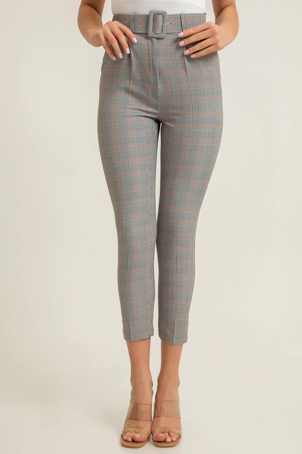 Plaid Fabric Ankle Length Classical Striped Women'S Trouser With Belt - Orange