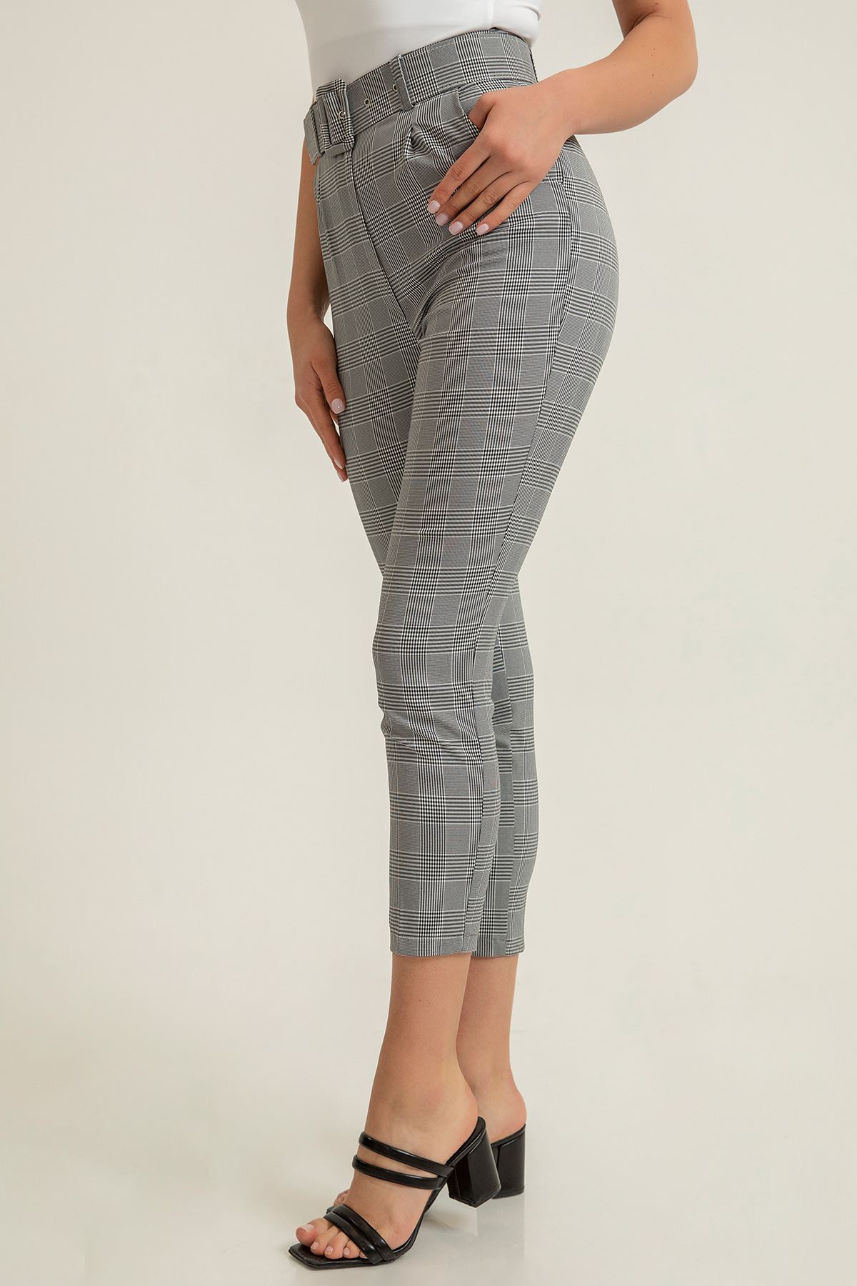 Plaid Fabric Ankle Length Classical Striped Women'S Trouser With Belt - Black