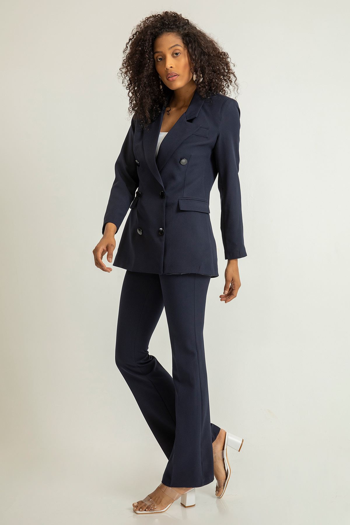 Polyester Fabric Revere Collar Below Hip Classical Double Button Women Jacket - Navy Blue 