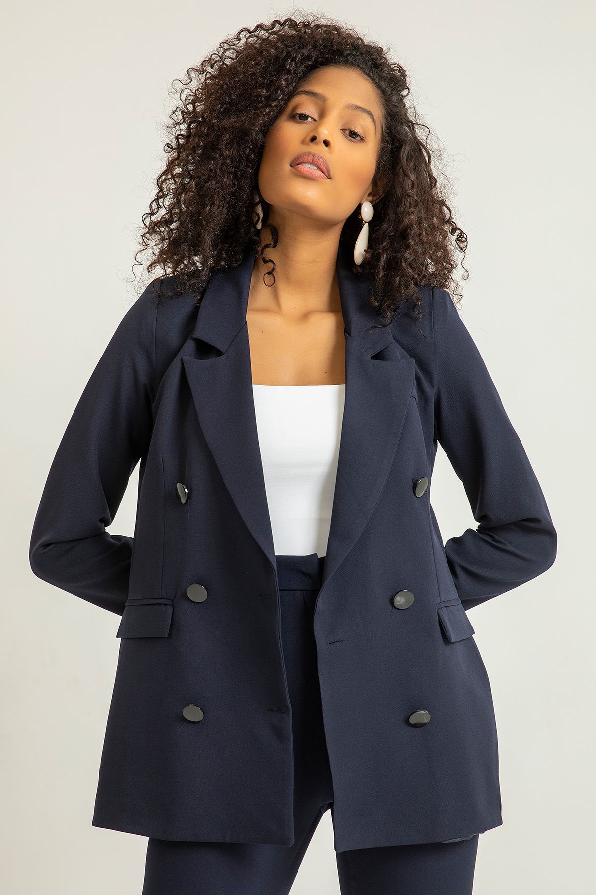 Polyester Fabric Revere Collar Below Hip Classical Double Button Women Jacket - Navy Blue 