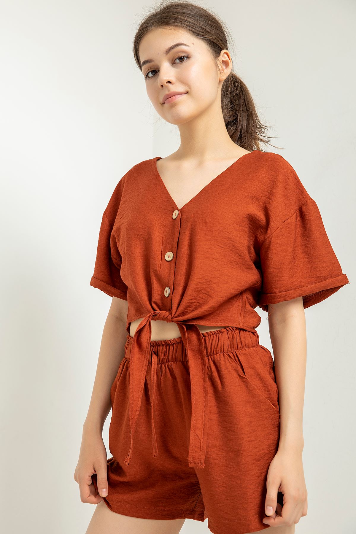 льняный ткань V-образный вырез Женская блузка на завязках - Оранжевый