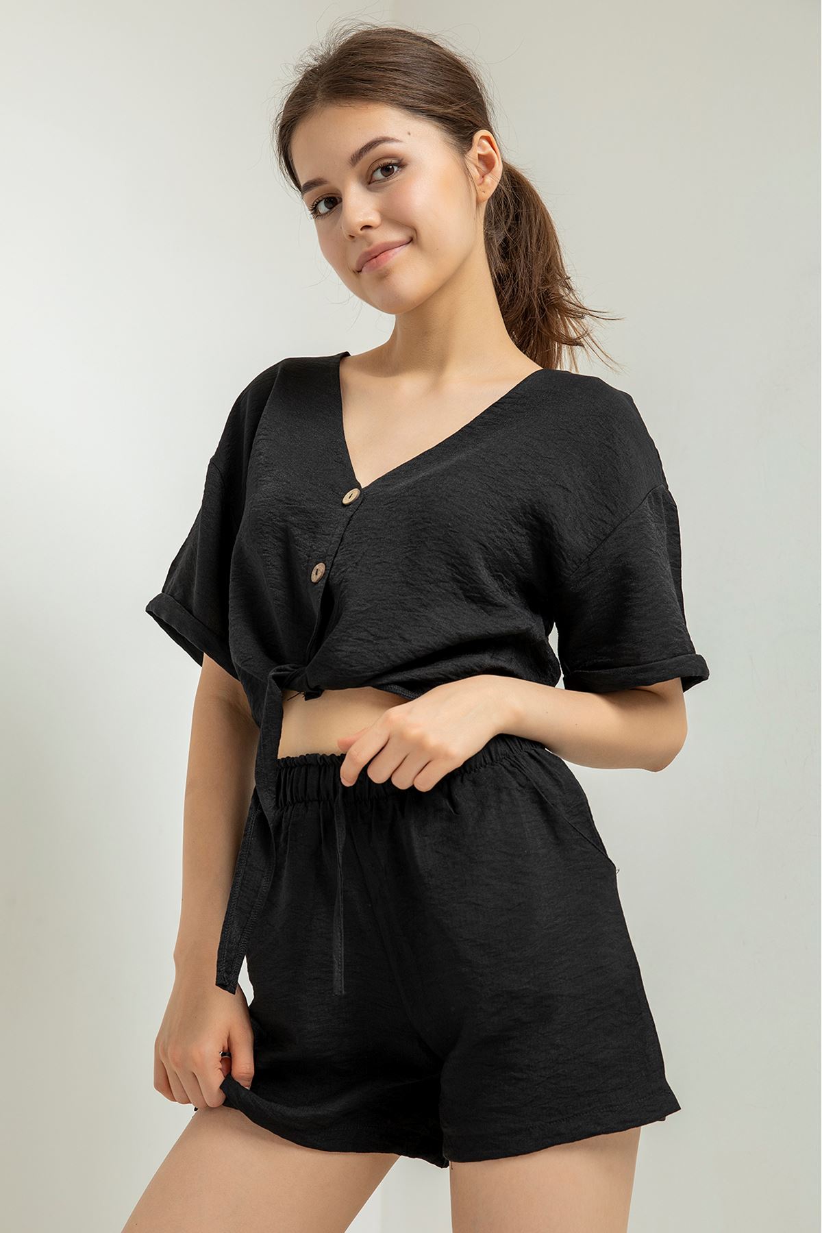 Linen Blouse Crop Short Sleeve V-Neck Ruched Drawstring Front Blouse - Black
