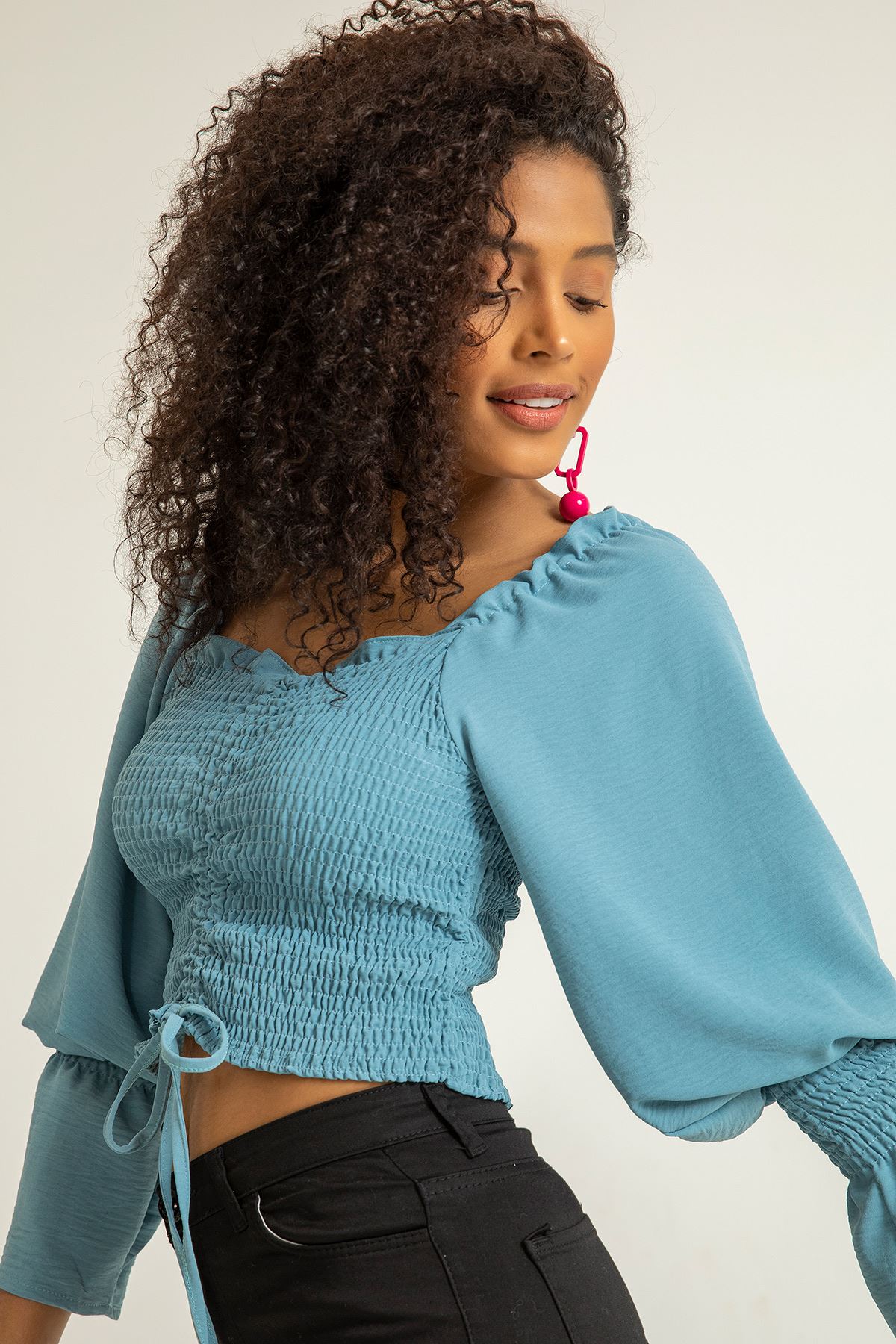 Аэробин Ткань с квадратным вырезом женская блузка с воланами - Голубой