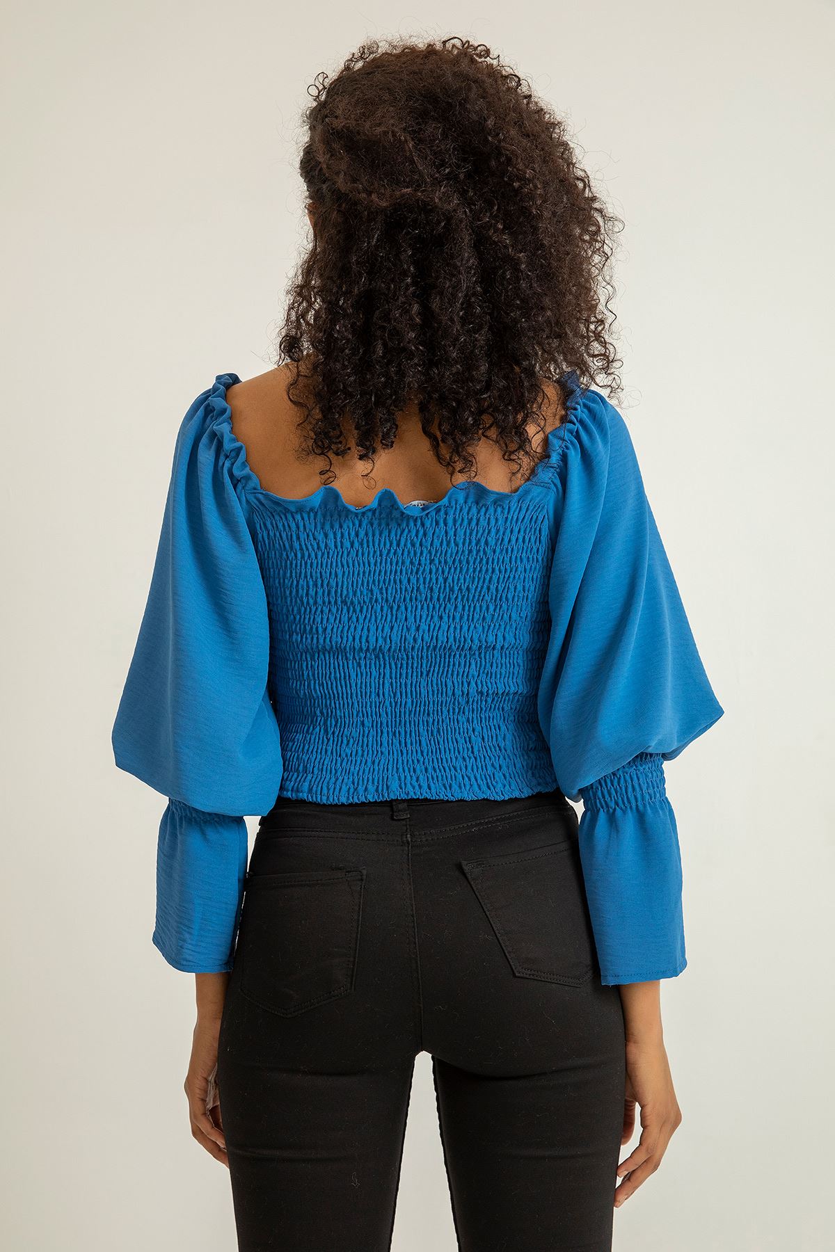 Аэробин Ткань с квадратным вырезом женская блузка с воланами - Индиго