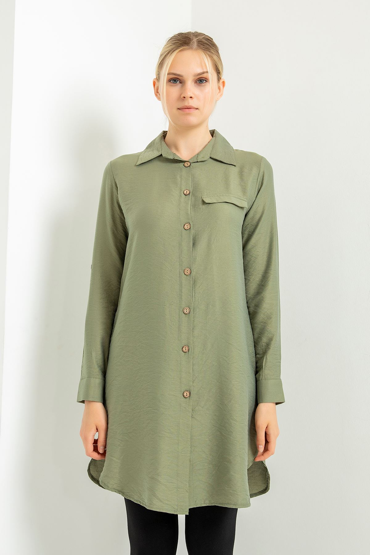 قماش نسيج بودروم عالي الجودة ذراع طويلة طوق القميص تحت الحوض كلاسيك - اخضر غامق