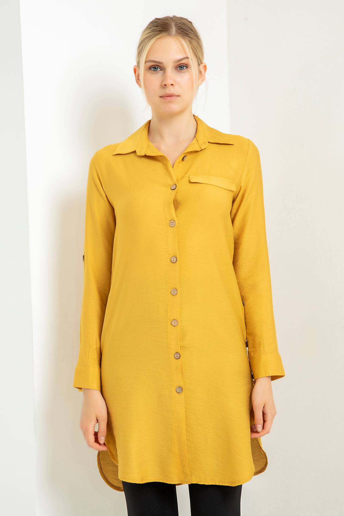 Bodrum Fabric Long Sleeve Shirt Collar Below Hip Pocket Detailed Women Tunic - Mustard