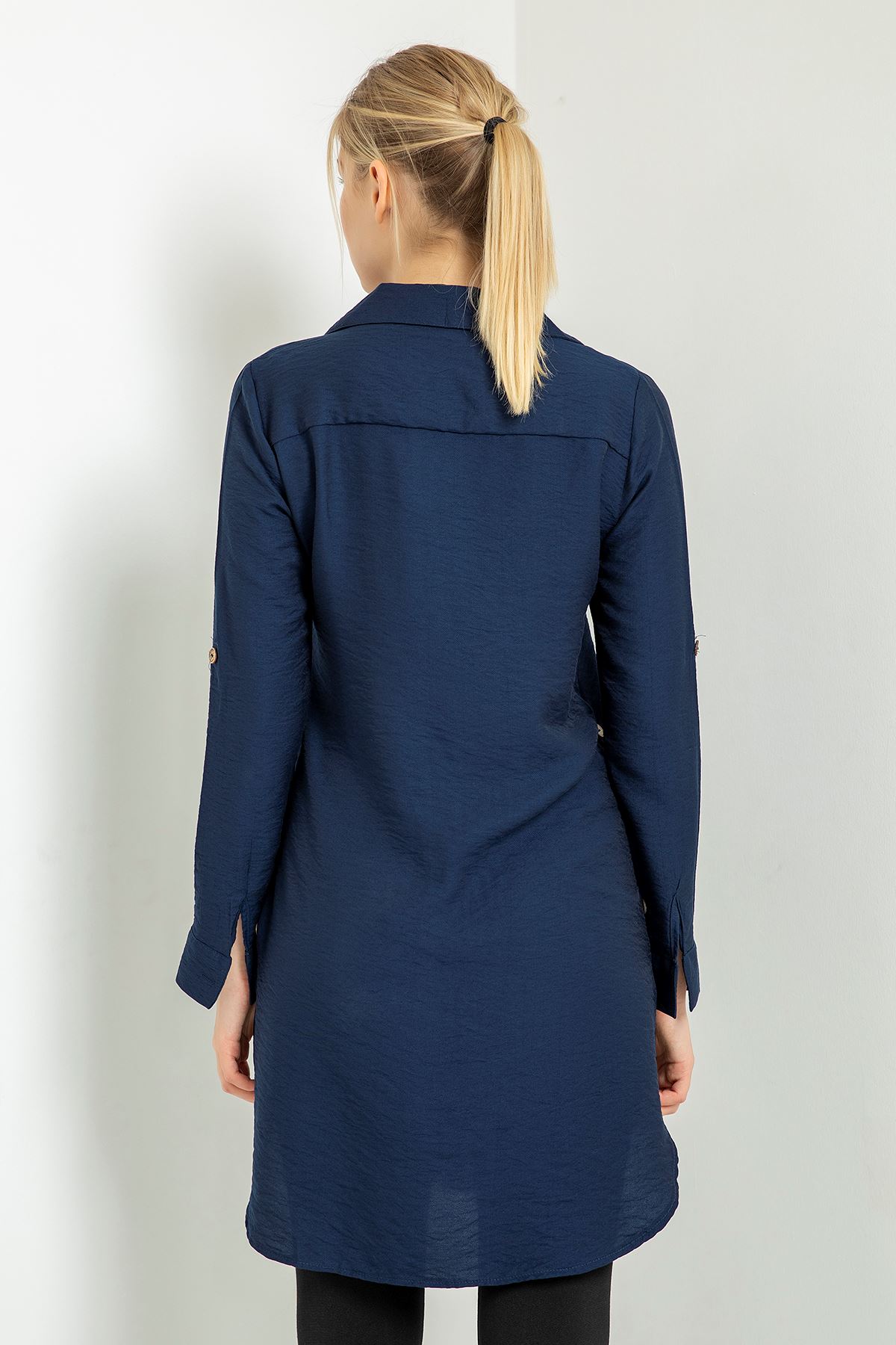 Bodrum Fabric Long Sleeve Shirt Collar Below Hip Pocket Detailed Women Tunic - Navy Blue 