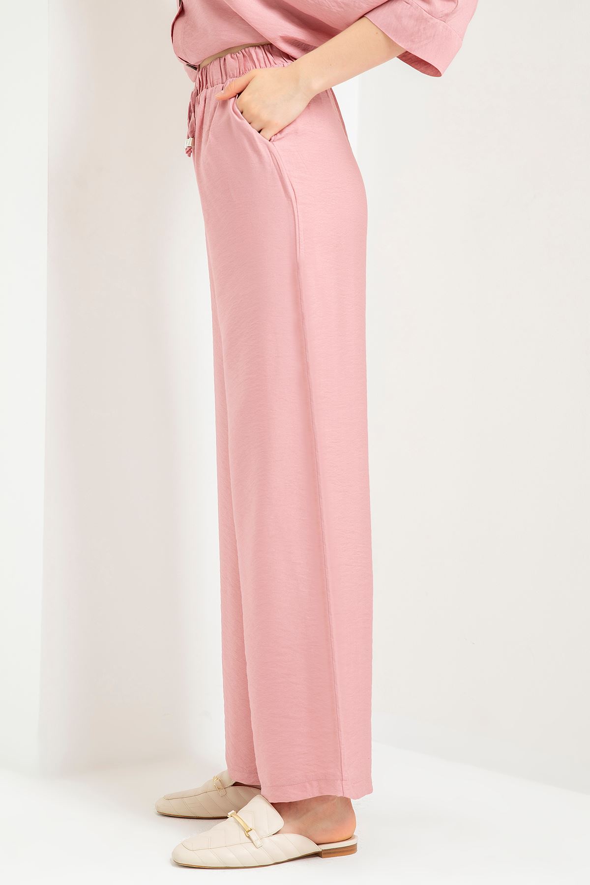 Aerobin Fabric Long Wide Elastic Waist Women'S Trouser - Rose 