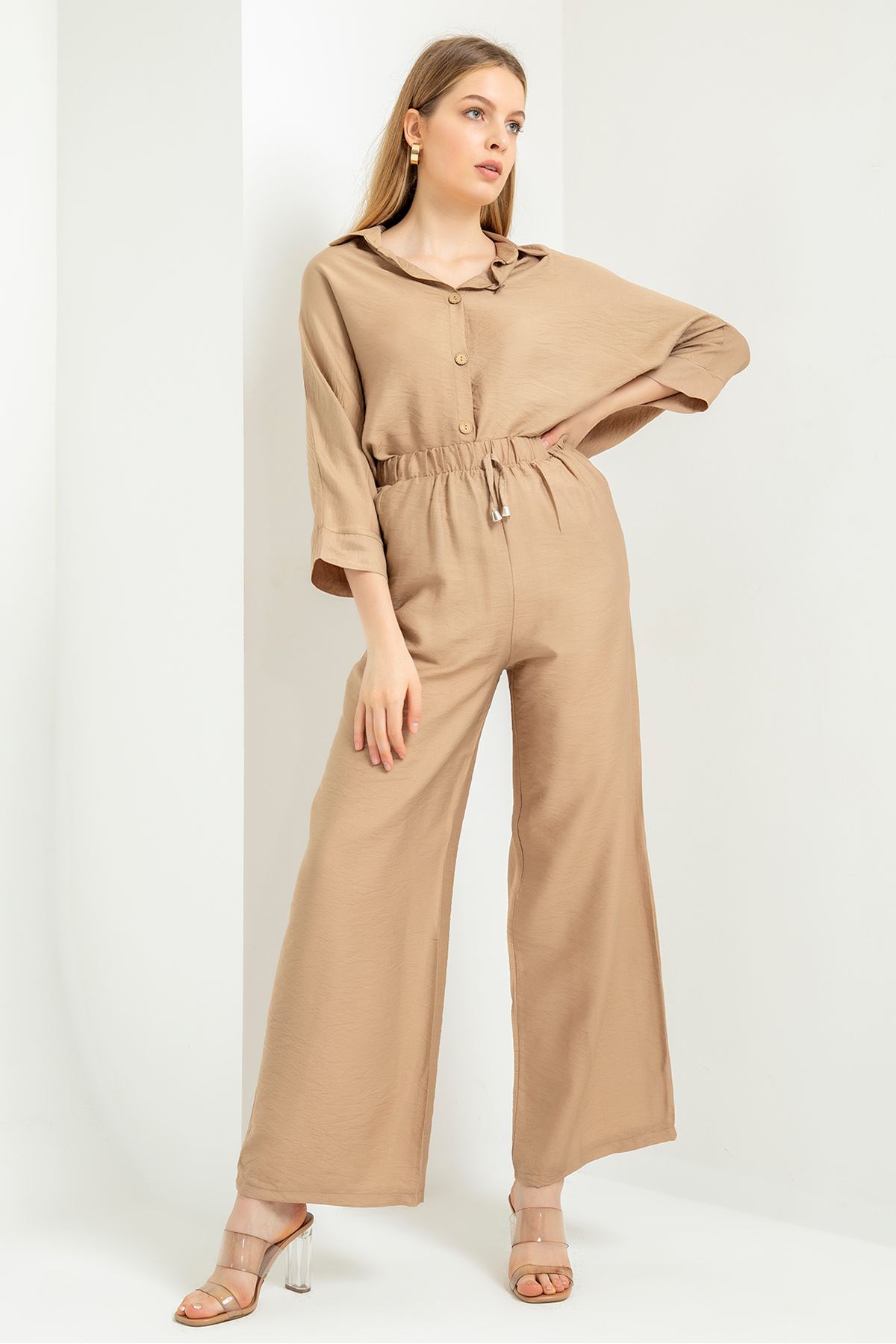 Aerobin Fabric Long Wide Elastic Waist Women'S Trouser - Beige 