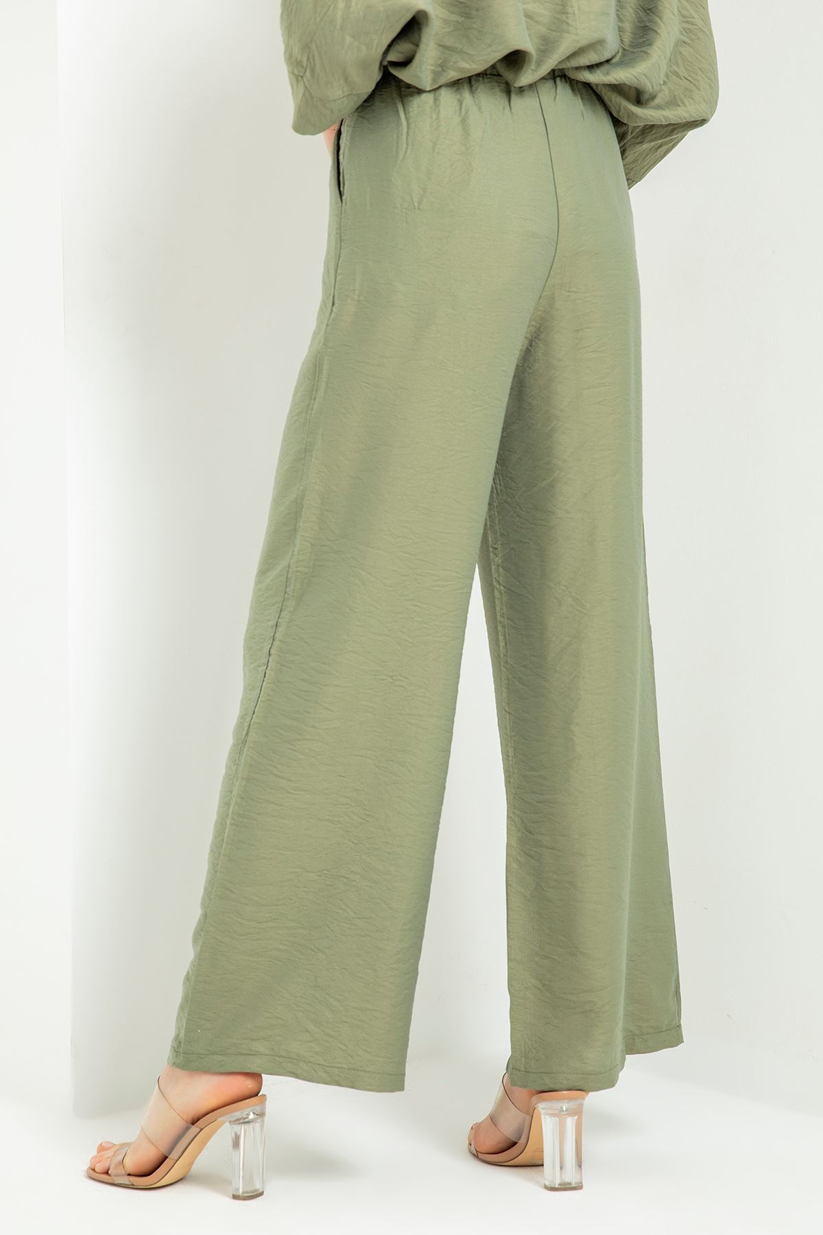 Aerobin Fabric Long Wide Elastic Waist Women'S Trouser - Khaki 