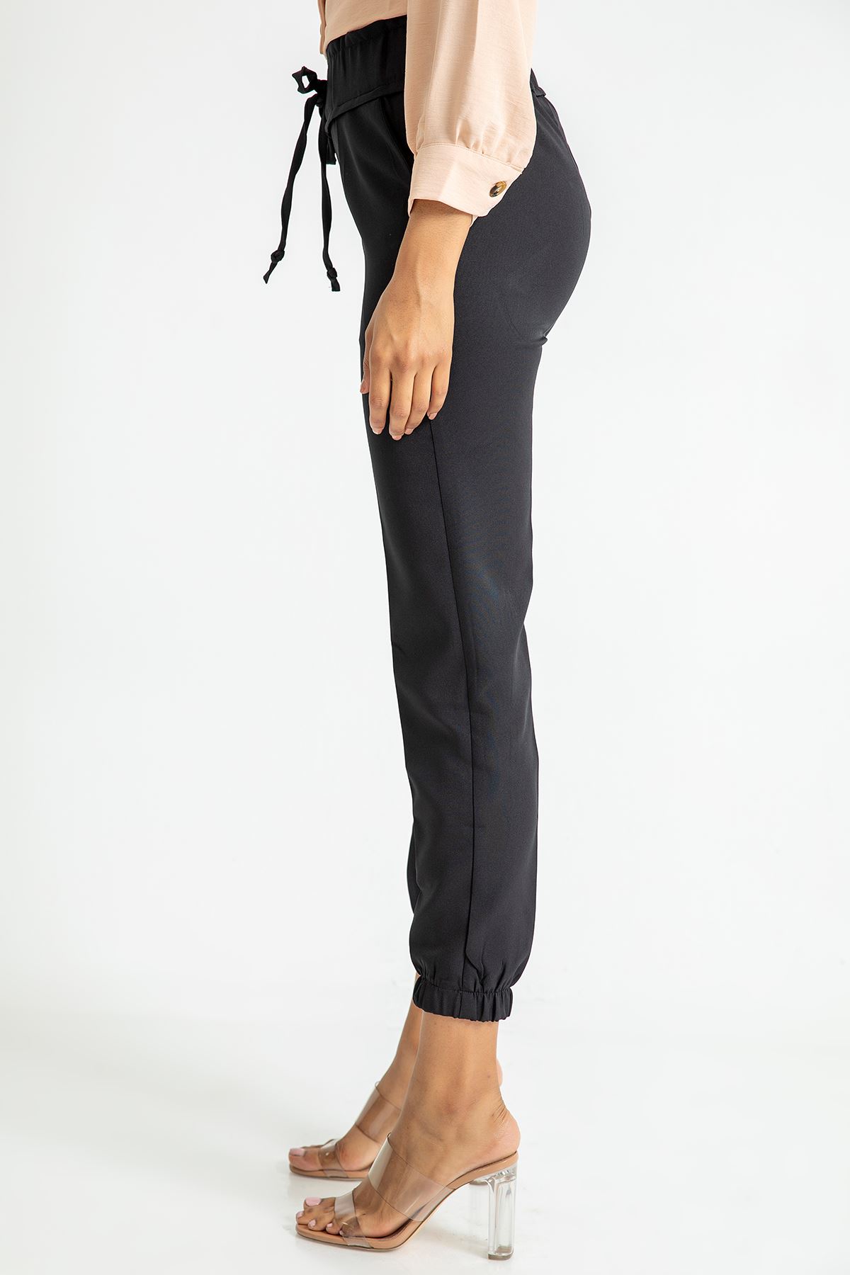 атласный ткань Женские брюки с эластичной резинкой на талии - Чёрный