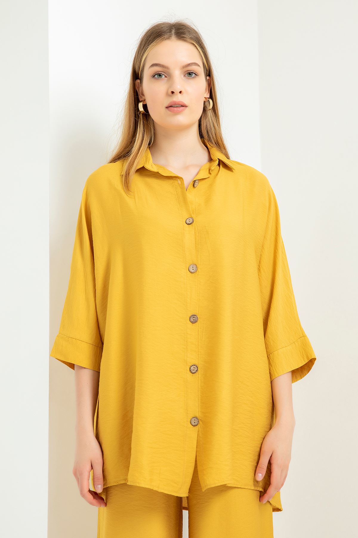 Aerobin Fabric Half Sleeve Shirt Below Hip Oversize Women'S Shirt - Mustard