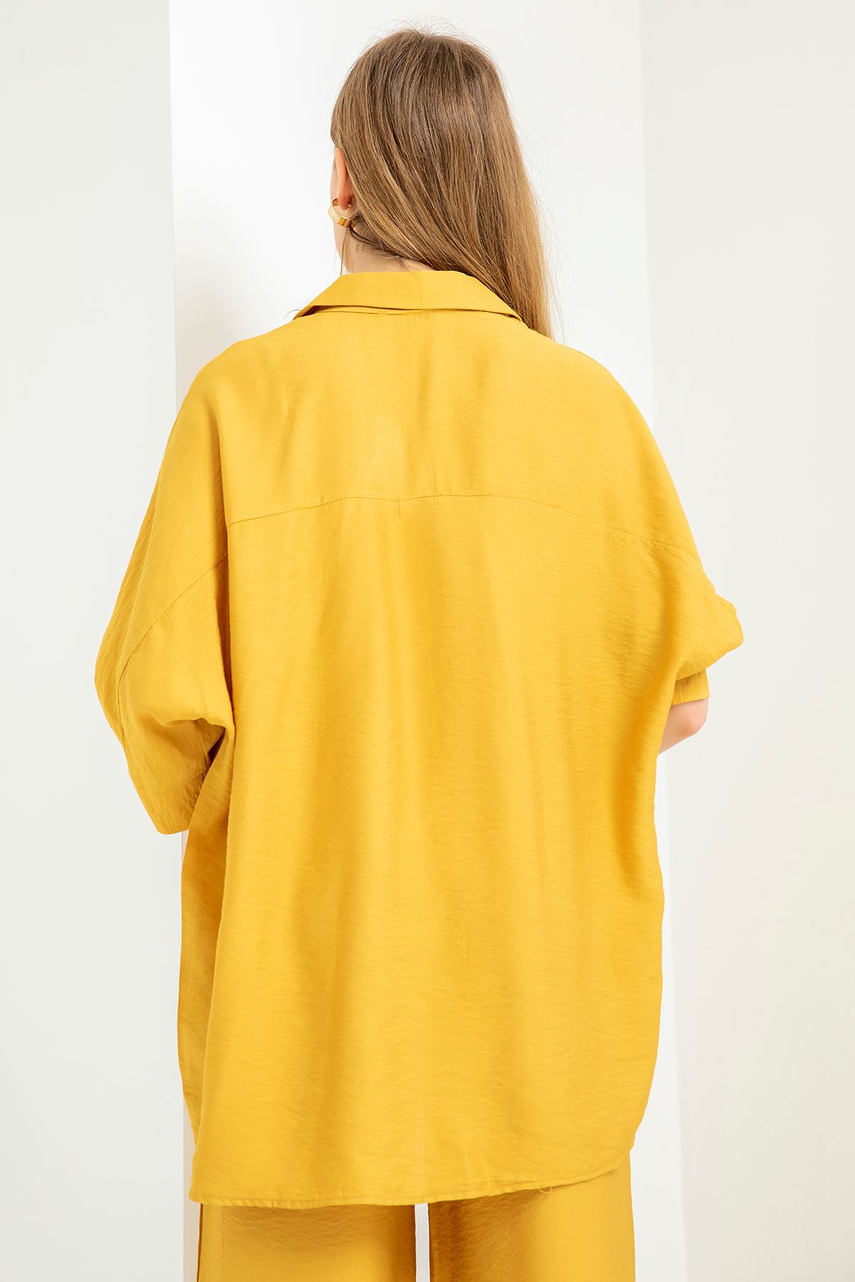 Aerobin Fabric Half Sleeve Shirt Below Hip Oversize Women'S Shirt - Mustard
