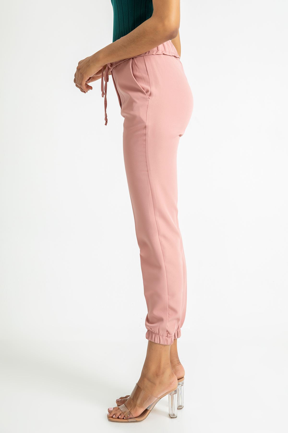 Atlas Fabric Ankle Length Elastic Waist Jogger Women'S Trouser - Light Pink