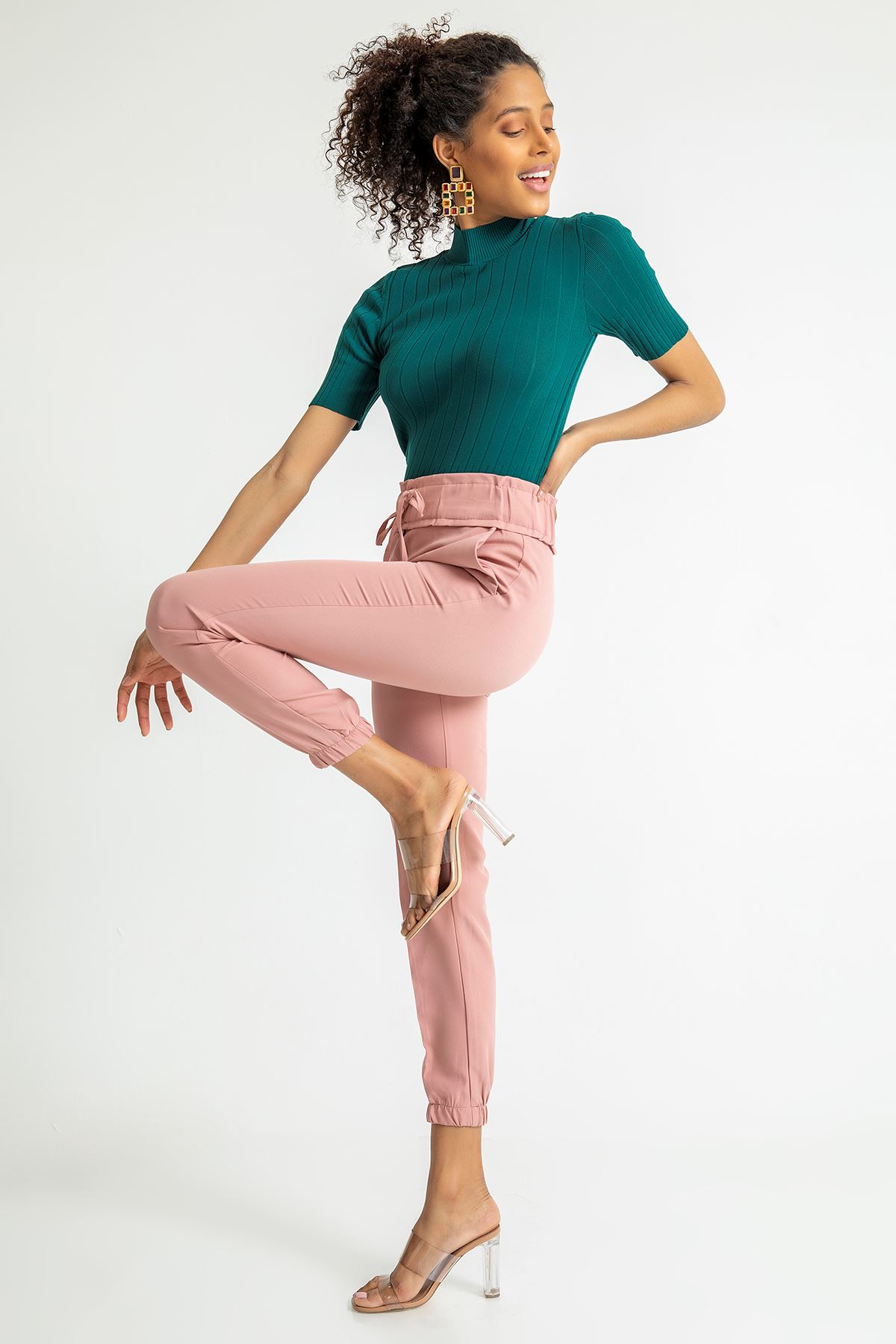 Atlas Fabric Ankle Length Elastic Waist Jogger Women'S Trouser - Light Pink