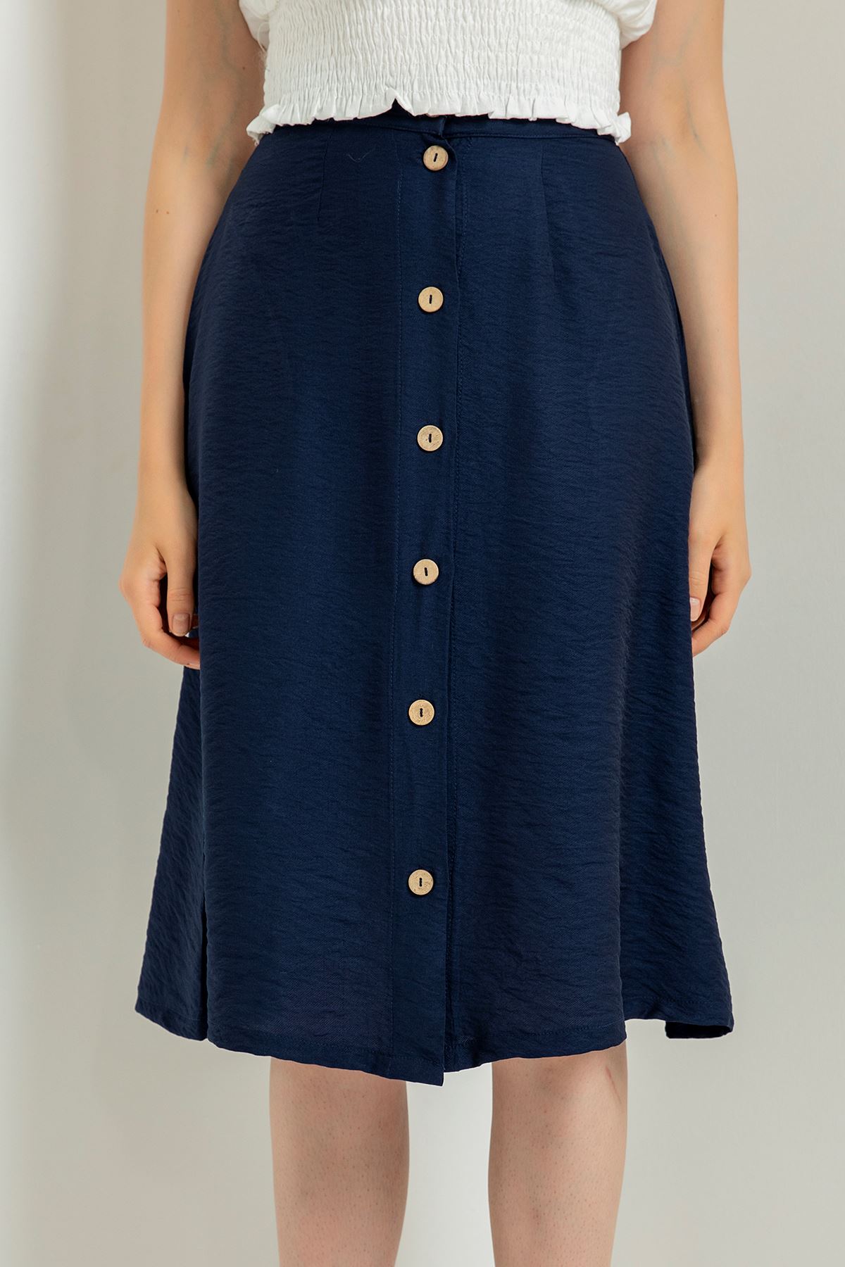 Aerobin Fabric Below Knee Straight Button Women'S Skirt - Navy Blue 