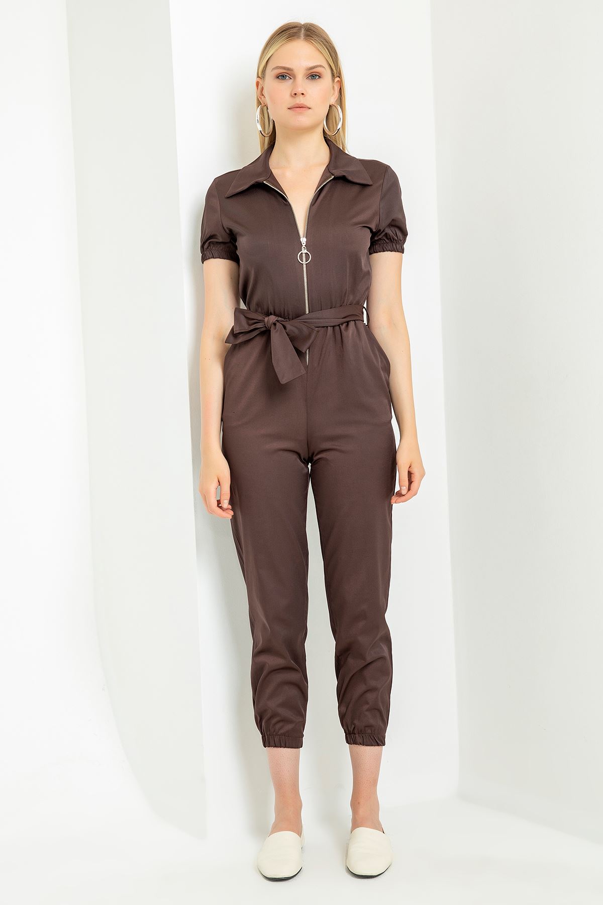 Erika Fabric Short Sleeve Ankle Length Zip Belted Women Overalls - Brown