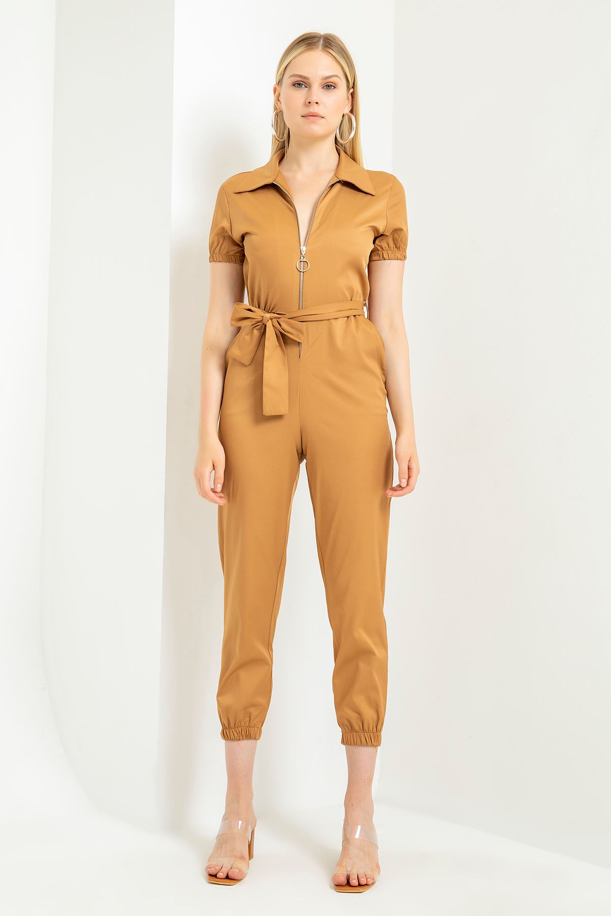 Erika Fabric Short Sleeve Ankle Length Zip Belted Women Overalls - Light Brown