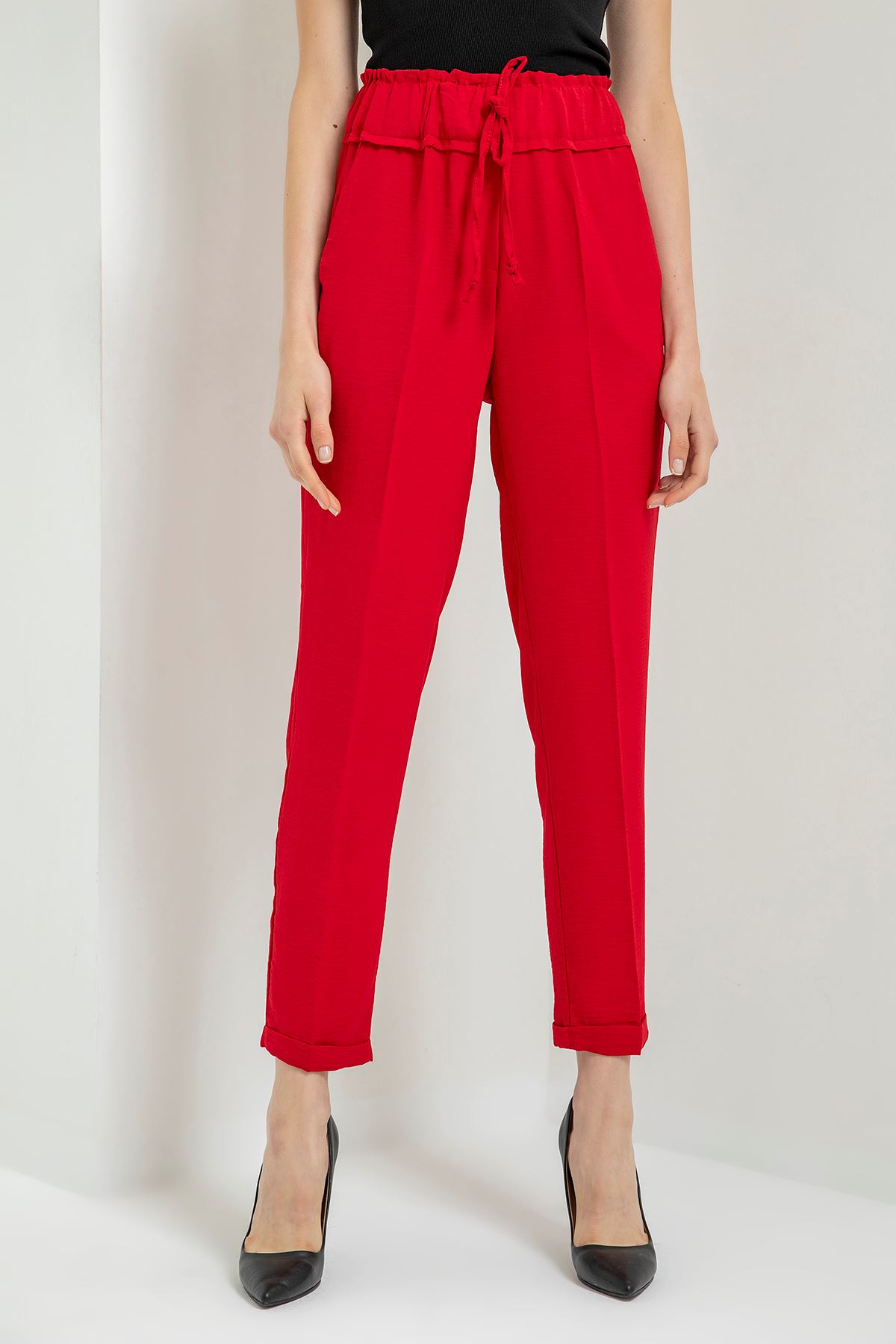 Linen Aerobin Fabric Ankle Length Wide Women'S Trouser - Red