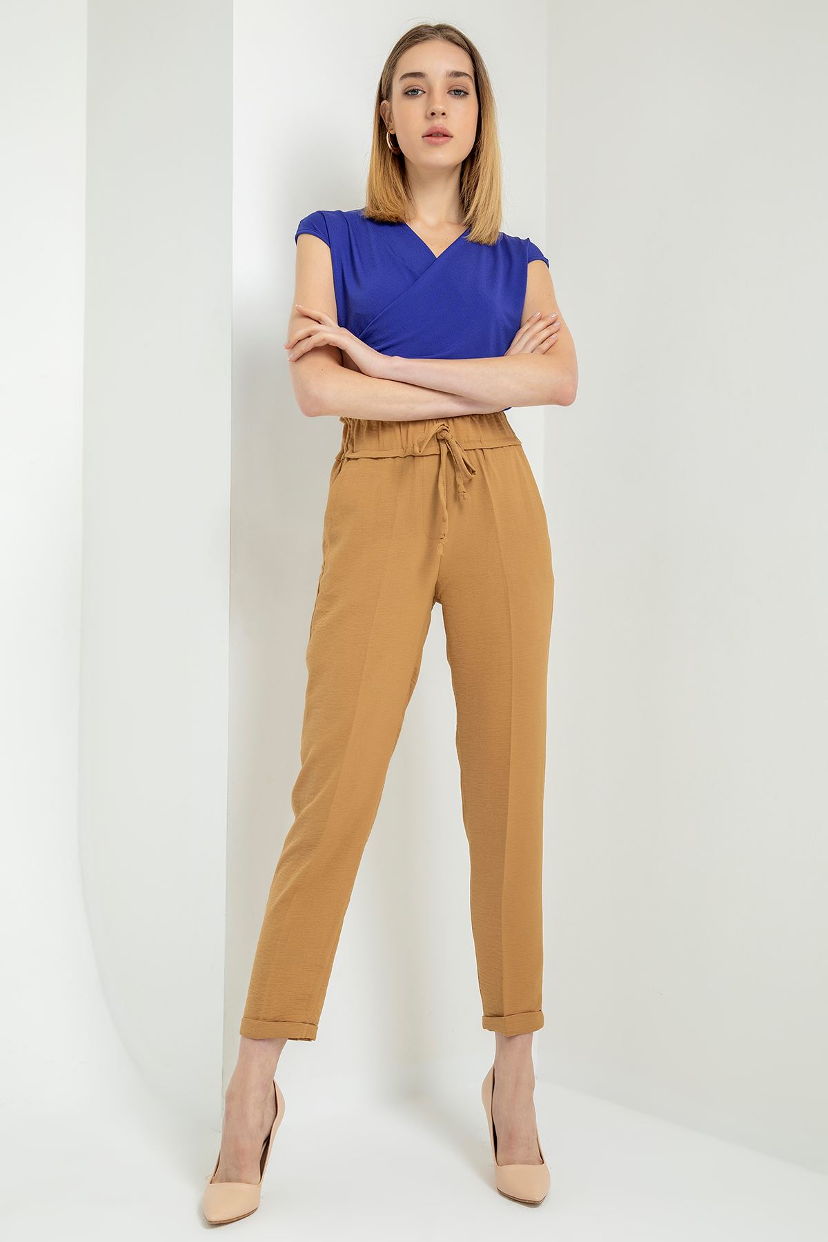 Linen Aerobin Fabric Ankle Length Wide Women'S Trouser - Light Brown