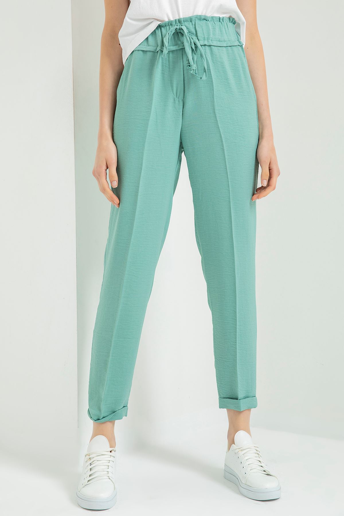 Linen Aerobin Fabric Ankle Length Wide Women'S Trouser - Mint