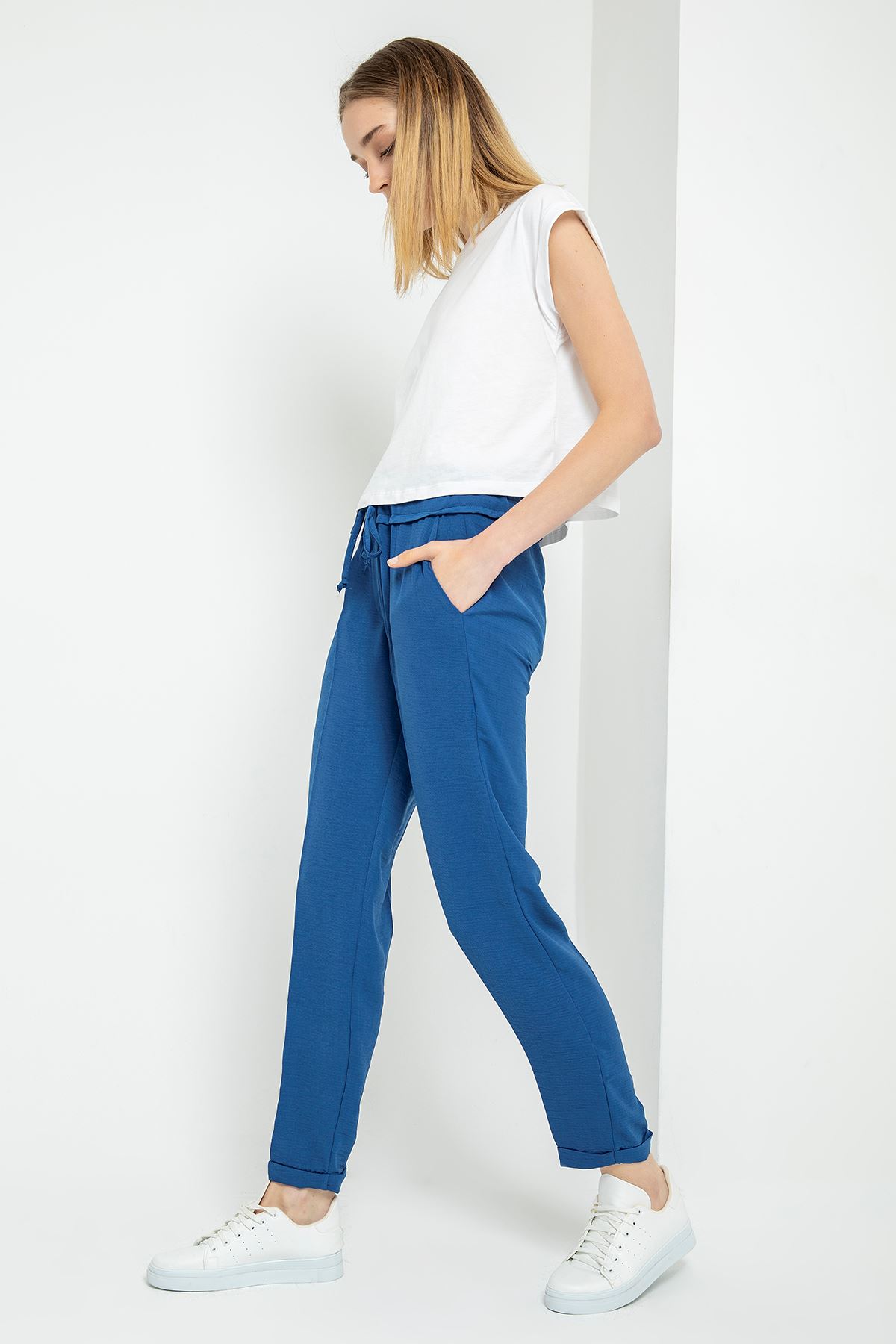Linen Aerobin Fabric Ankle Length Wide Women'S Trouser - Navy Blue 