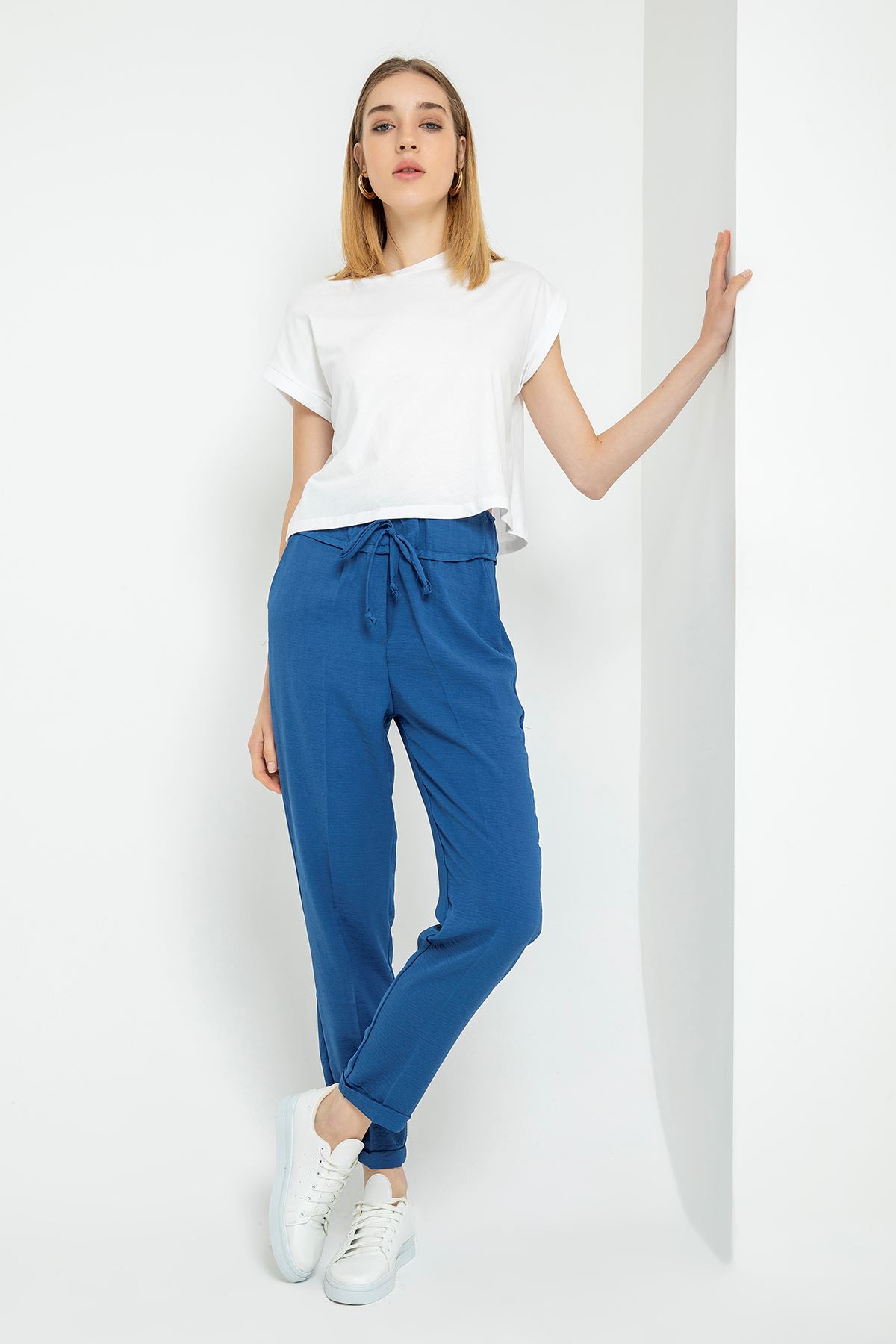 Linen Aerobin Fabric Ankle Length Wide Women'S Trouser - Navy Blue 